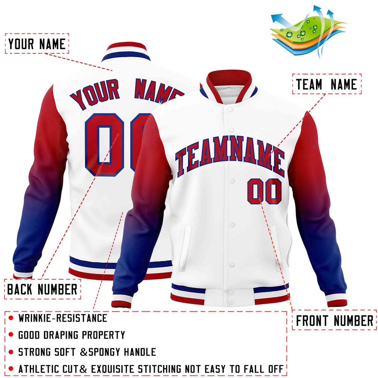 Custom White Red Royal Full-Snap Varsity Raglan Sleeves Gradient Letterman Jacket