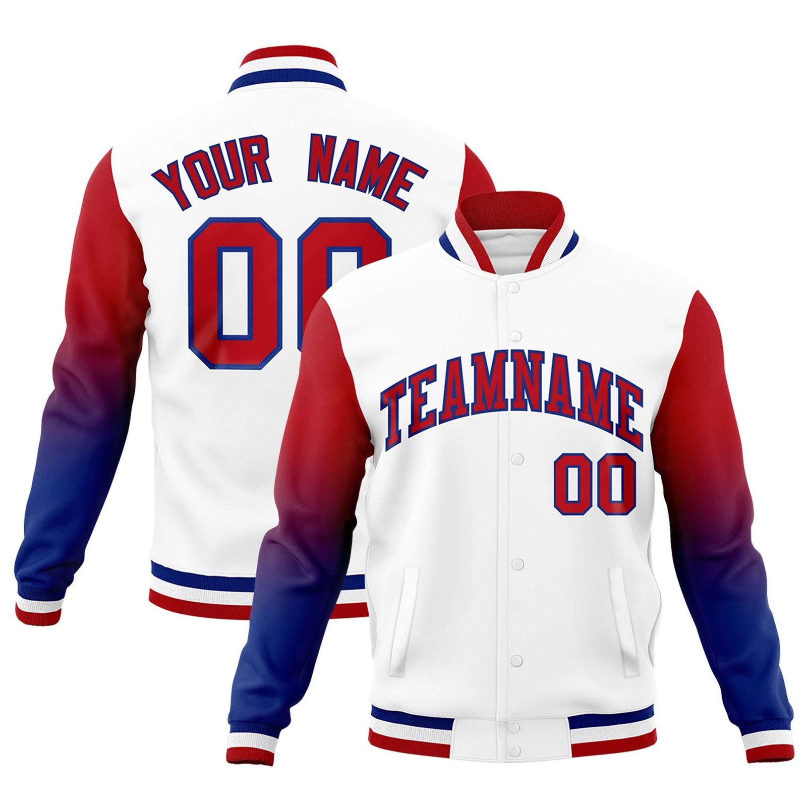 Custom White Red Royal Full-Snap Varsity Raglan Sleeves Gradient Letterman Jacket