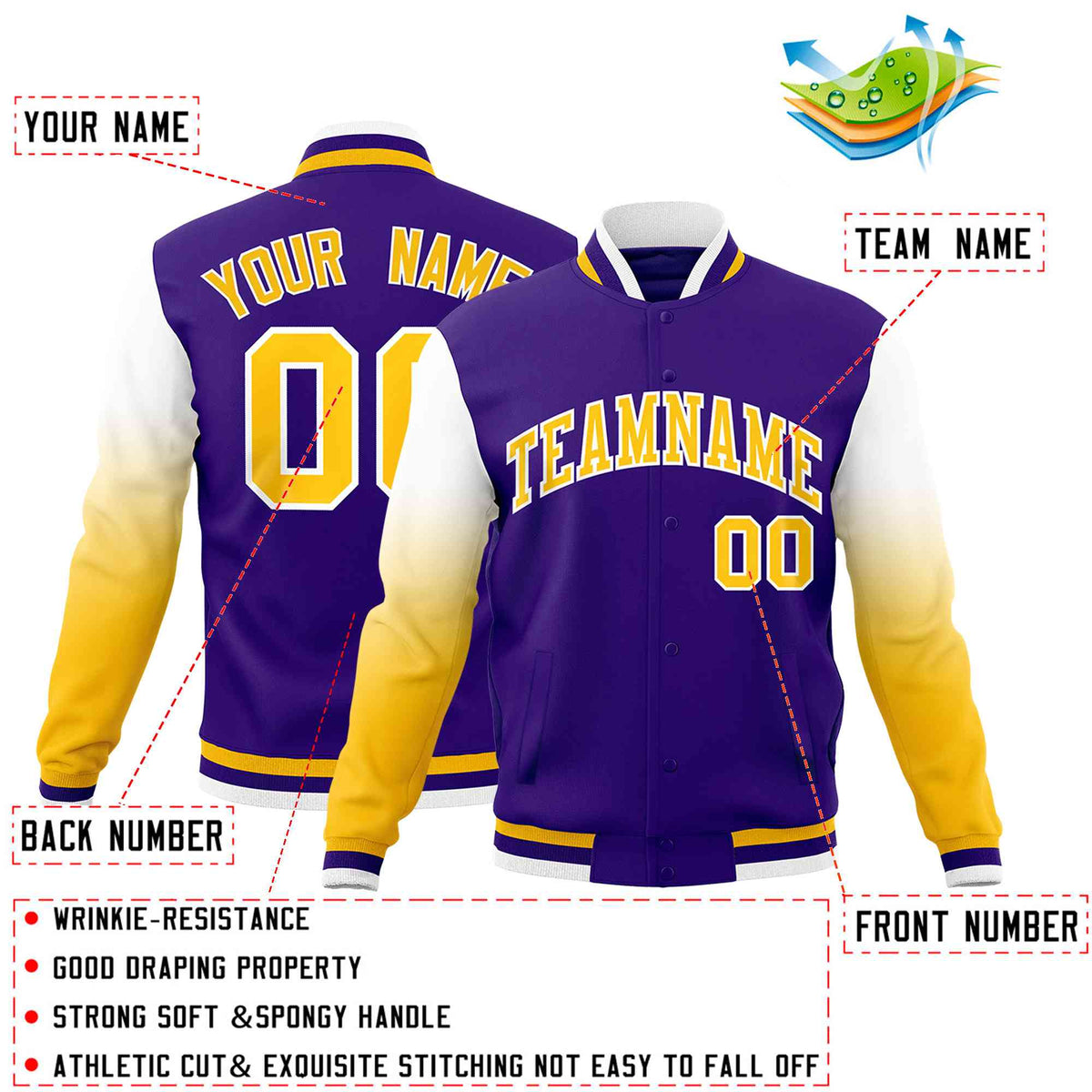 Custom Purple Gold White Full-Snap Varsity Raglan Sleeves Gradient Letterman Jacket