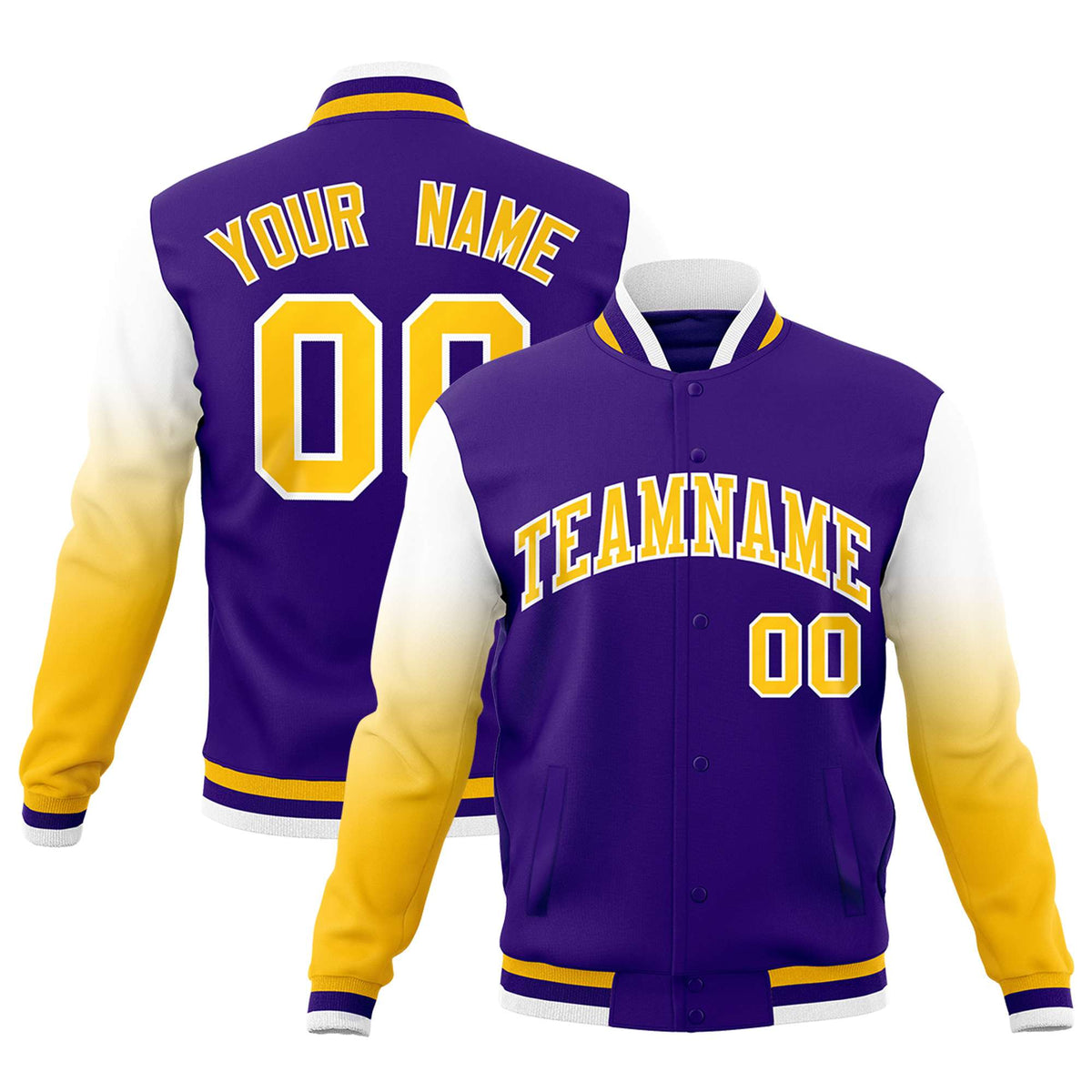 Custom Purple Gold White Full-Snap Varsity Raglan Sleeves Gradient Letterman Jacket