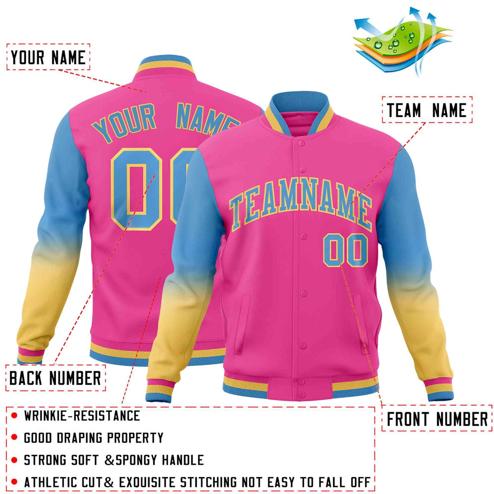 Custom Pink Light blue Khaki Full-Snap Varsity Raglan Sleeves Gradient Letterman Jacket