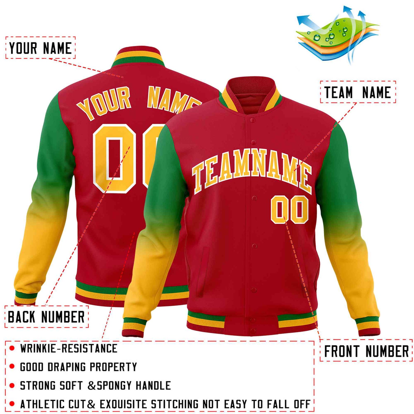 Custom Red Gold White Full-Snap Varsity Raglan Sleeves Gradient Letterman Jacket