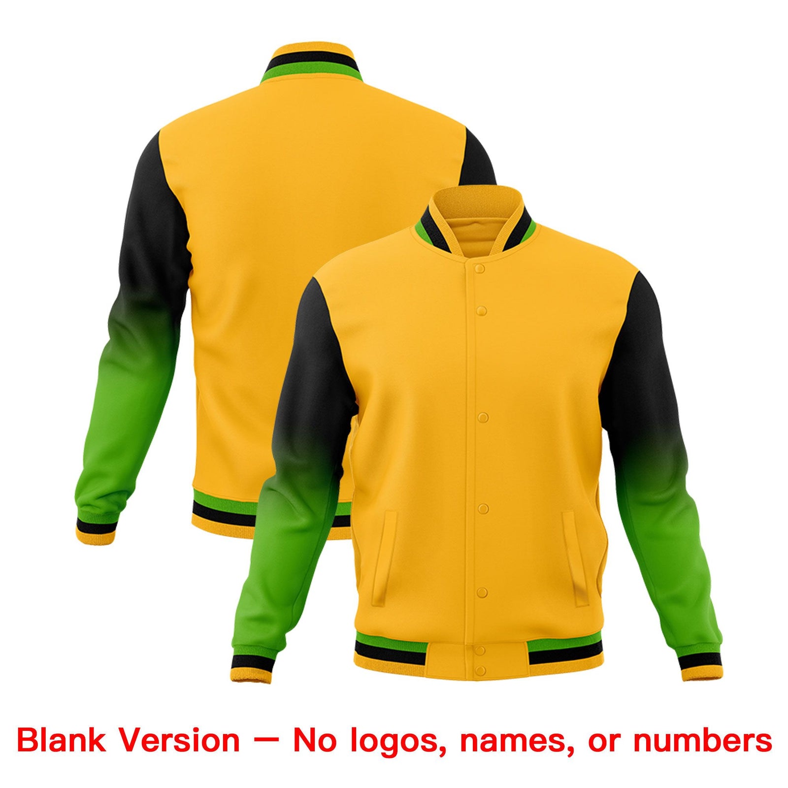 Custom Gold Green White Full-Snap Varsity Raglan Sleeves Gradient Letterman Jacket