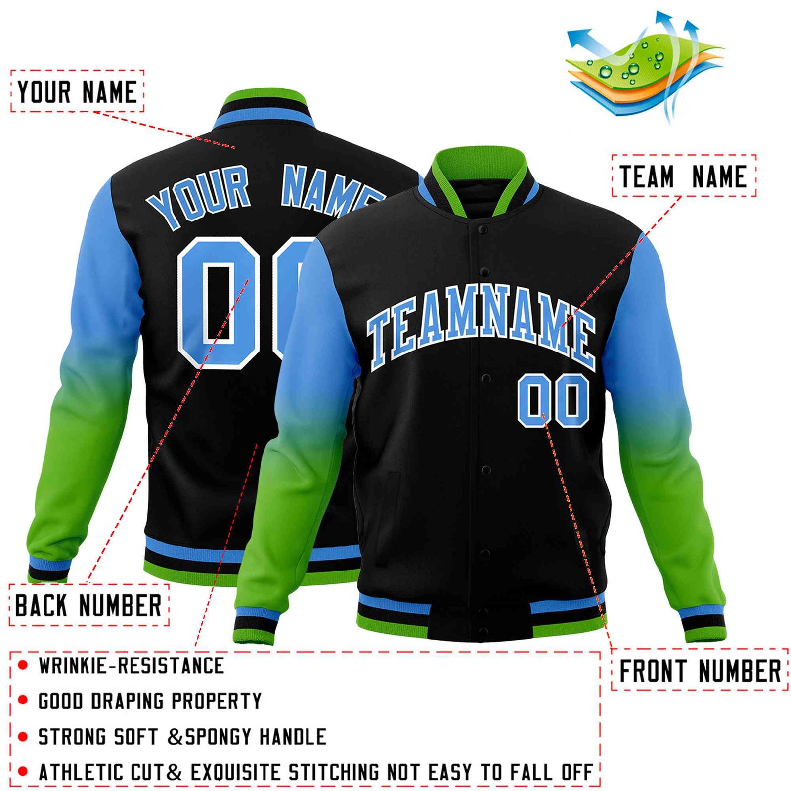 Custom Black Powder Blue White Full-Snap Varsity Raglan Sleeves Gradient Letterman Jacket
