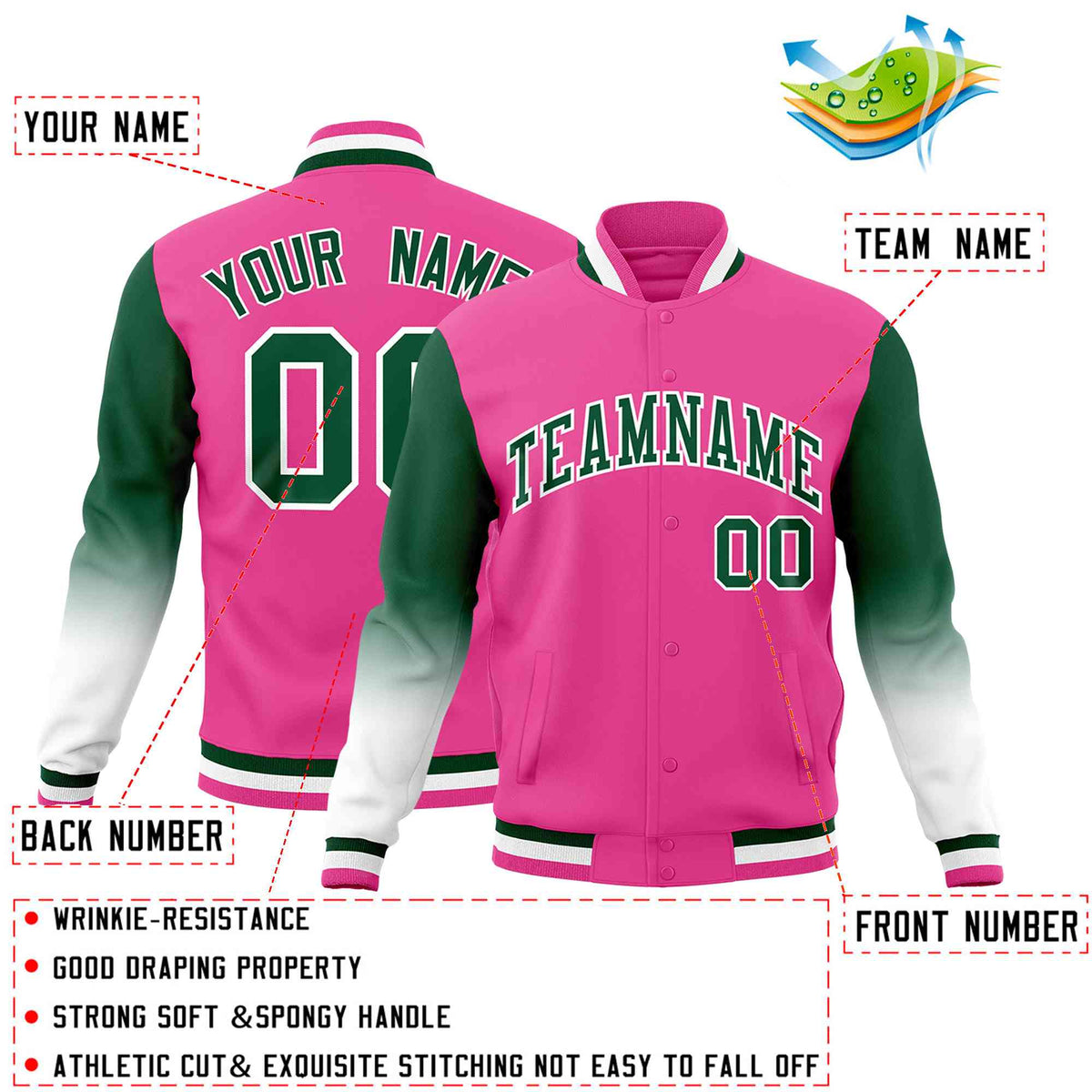 Custom Pink Green White Full-Snap Varsity Raglan Sleeves Gradient Letterman Jacket
