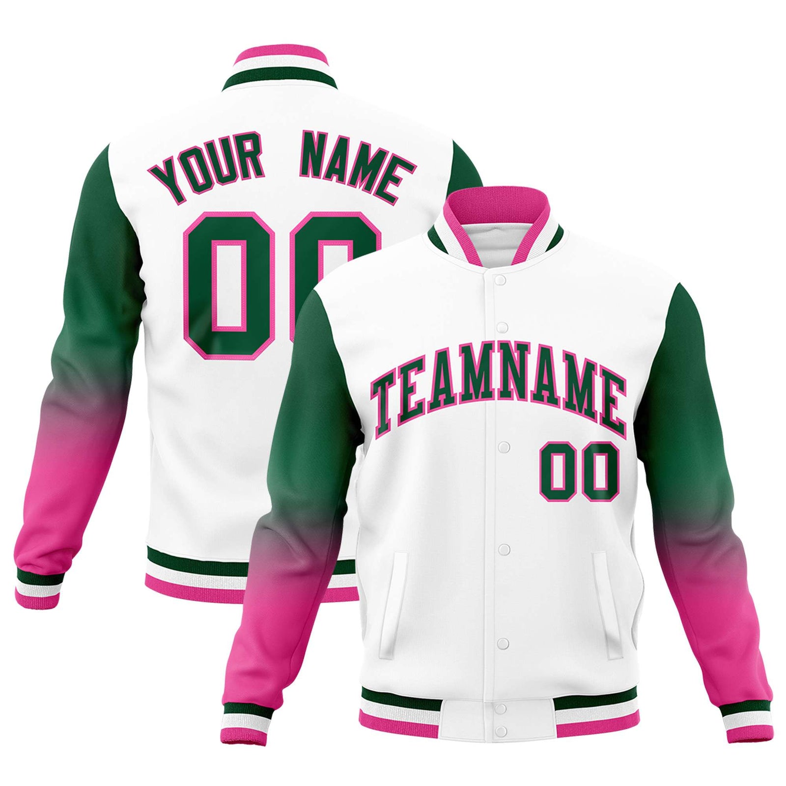 Custom White Green Pink Full-Snap Varsity Raglan Sleeves Gradient Letterman Jacket