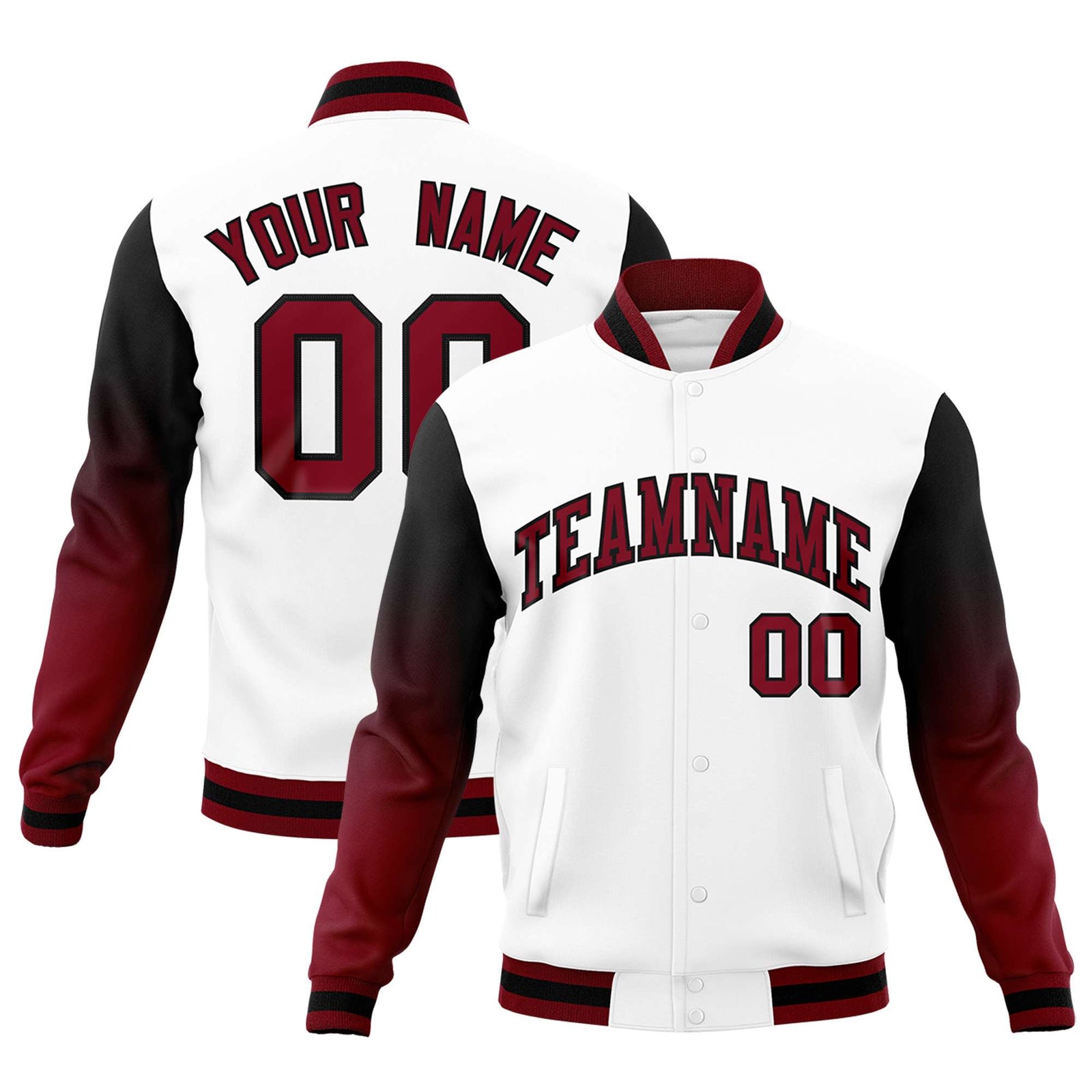 Custom White Crimson Black Full-Snap Varsity Raglan Sleeves Gradient Letterman Jacket