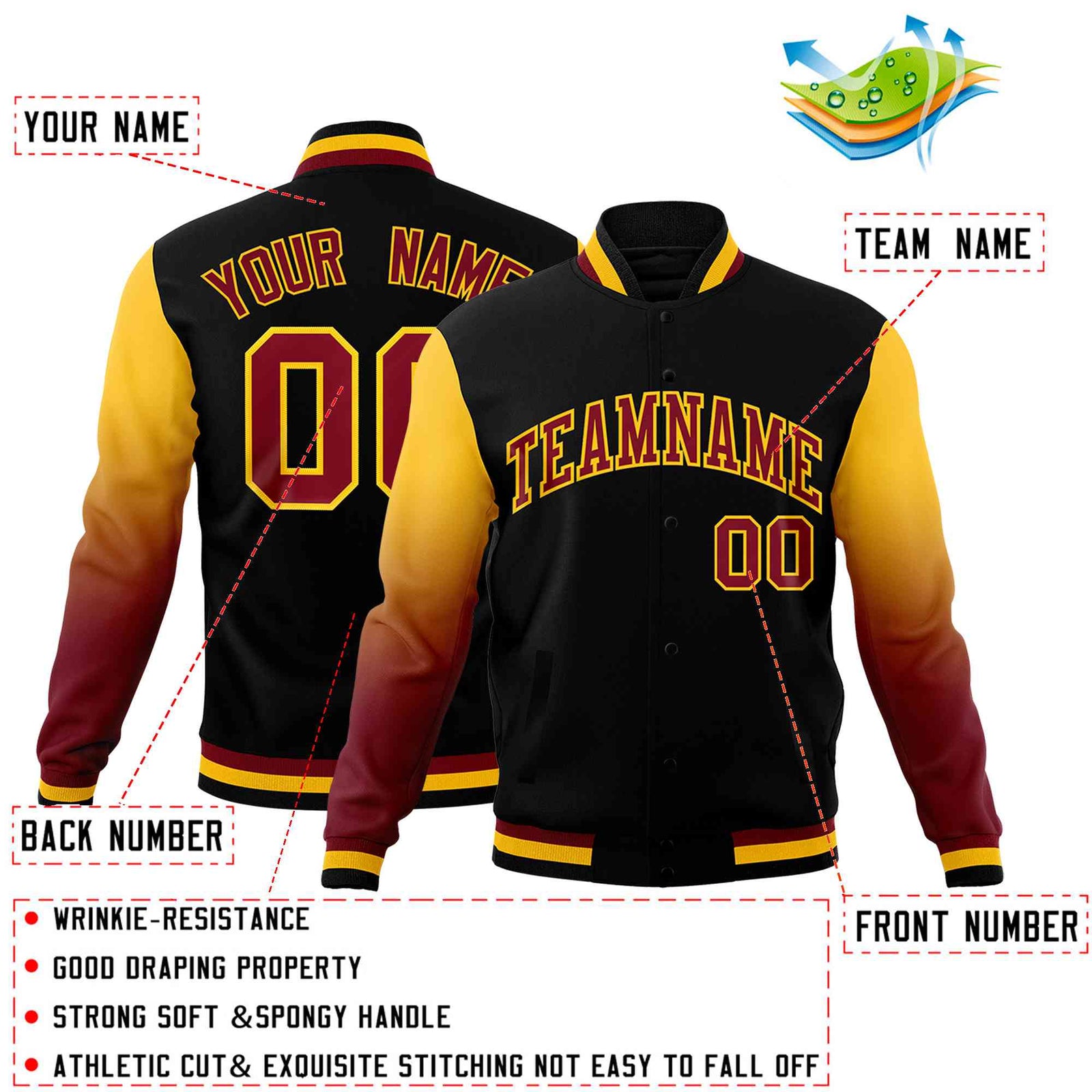 Custom Black Crimson Gold Full-Snap Varsity Raglan Sleeves Gradient Letterman Jacket