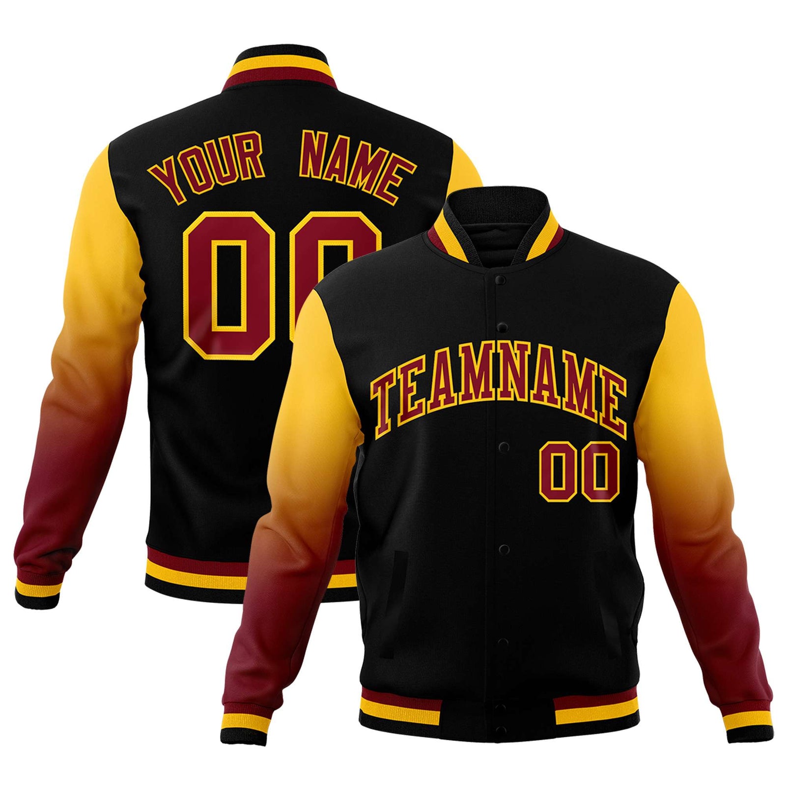 Custom Black Crimson Gold Full-Snap Varsity Raglan Sleeves Gradient Letterman Jacket