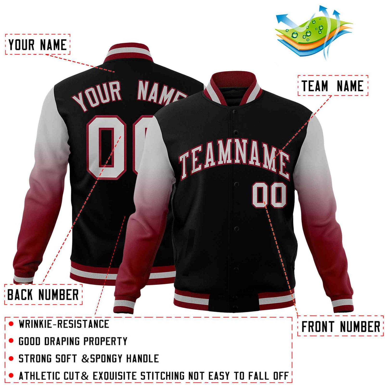 Custom Black Gray Crimson Full-Snap Varsity Raglan Sleeves Gradient Letterman Jacket