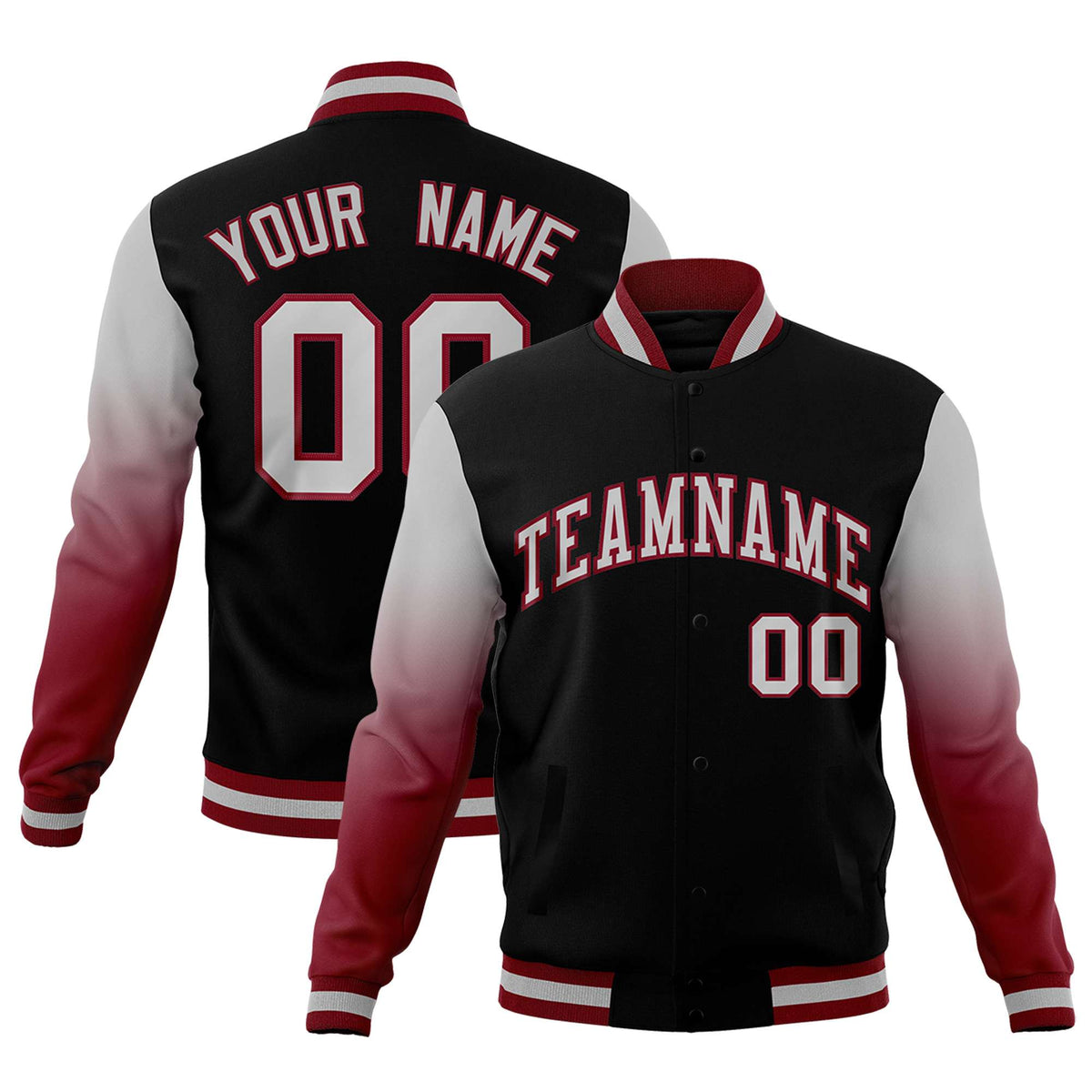 Custom Black Gray Crimson Full-Snap Varsity Raglan Sleeves Gradient Letterman Jacket