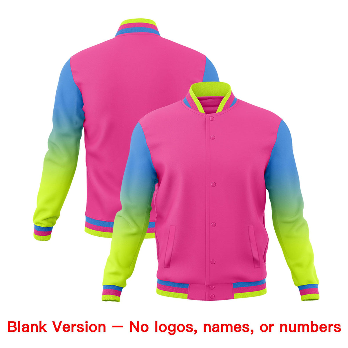 Custom Pink Powder Blue White Full-Snap Varsity Raglan Sleeves Gradient Letterman Jacket