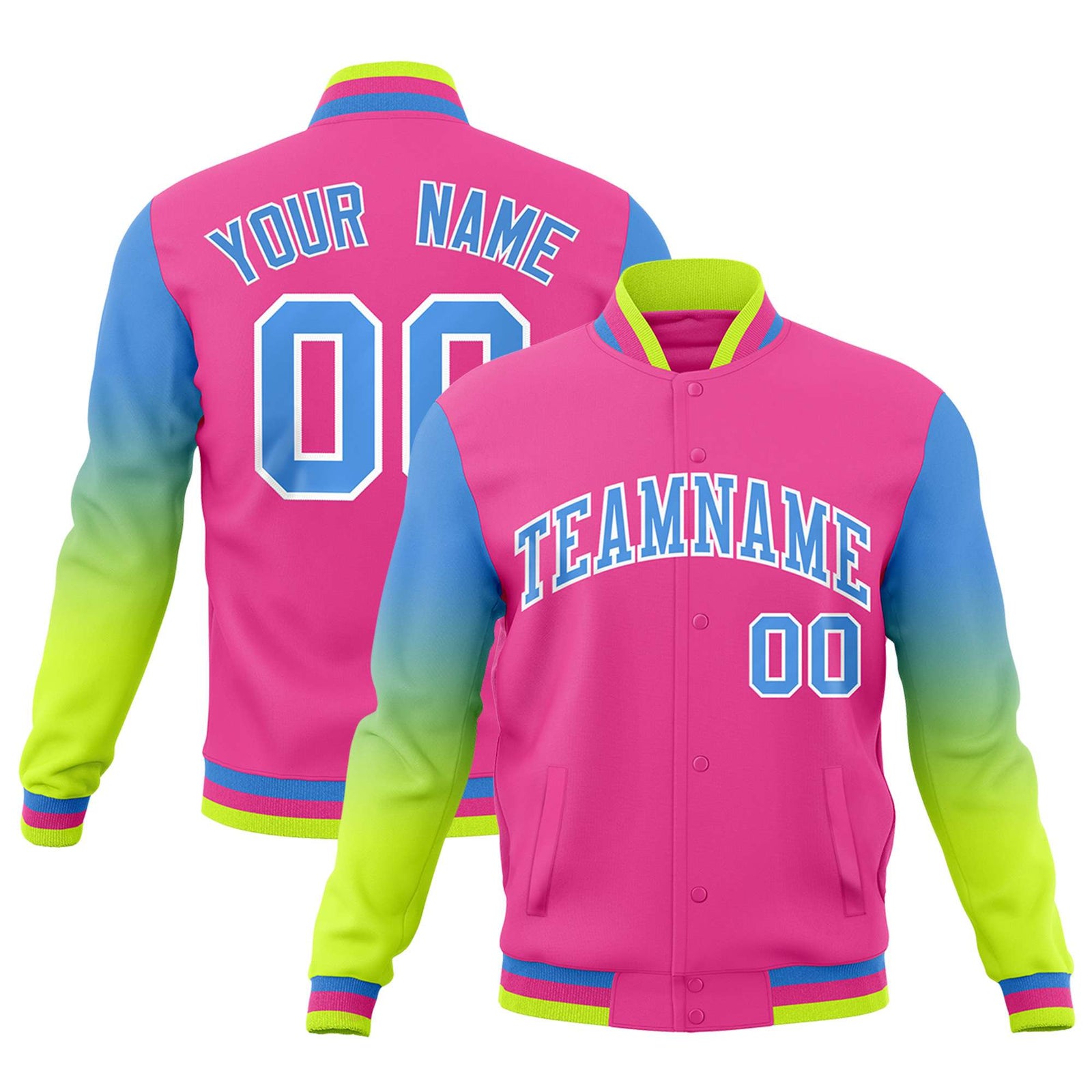 Custom Pink Powder Blue White Full-Snap Varsity Raglan Sleeves Gradient Letterman Jacket