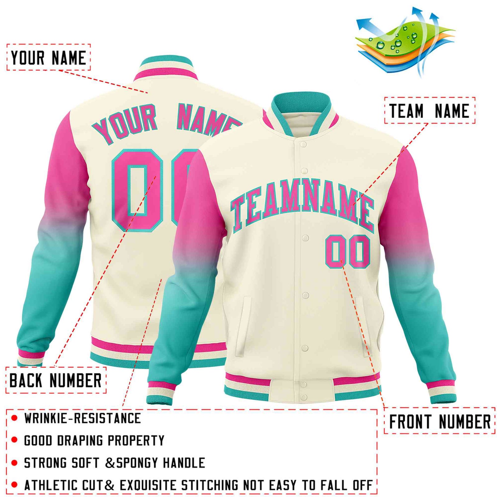 Custom Cream Pink Bright Green Full-Snap Varsity Raglan Sleeves Gradient Letterman Jacket