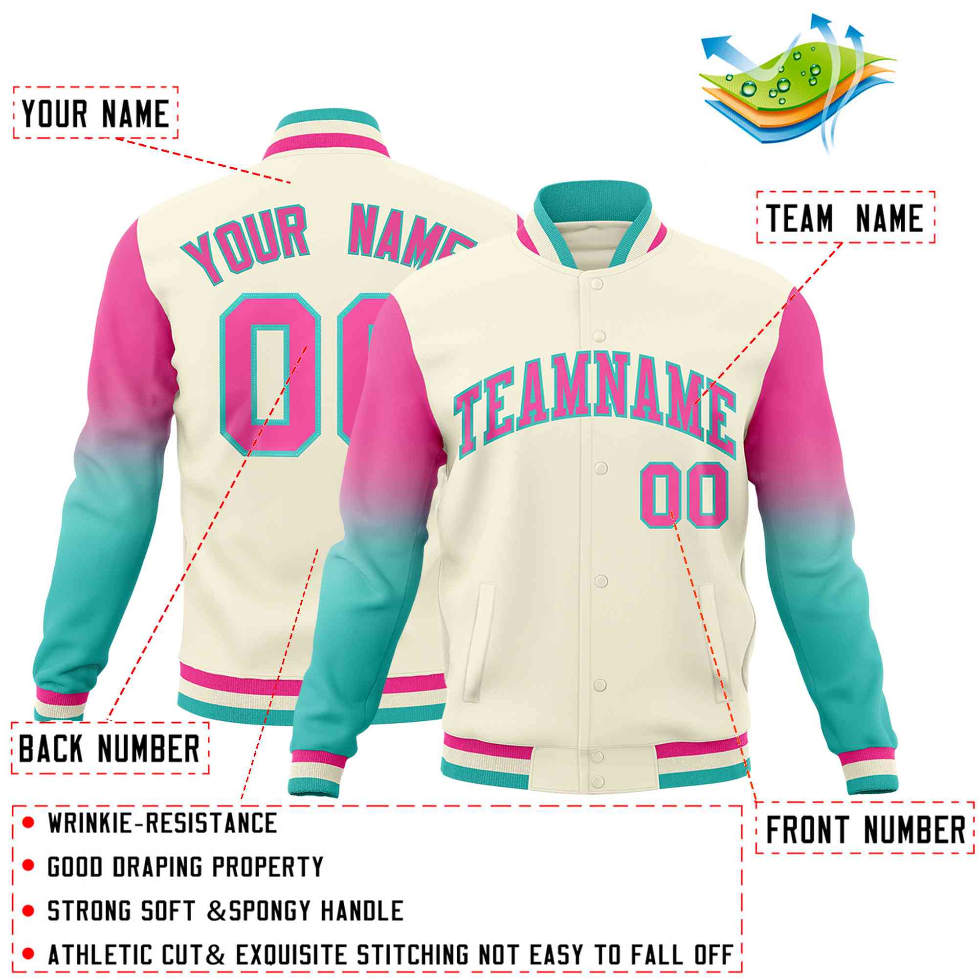 Custom Cream Pink Bright Green Full-Snap Varsity Raglan Sleeves Gradient Letterman Jacket