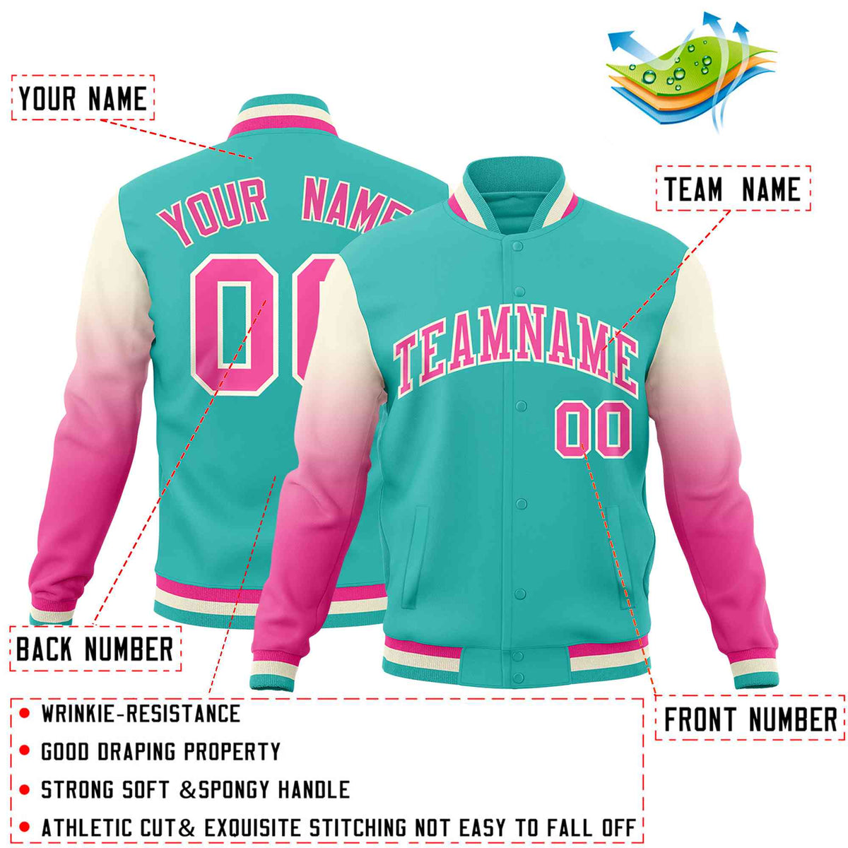 Custom Bright Green Pink Cream Full-Snap Varsity Raglan Sleeves Gradient Letterman Jacket