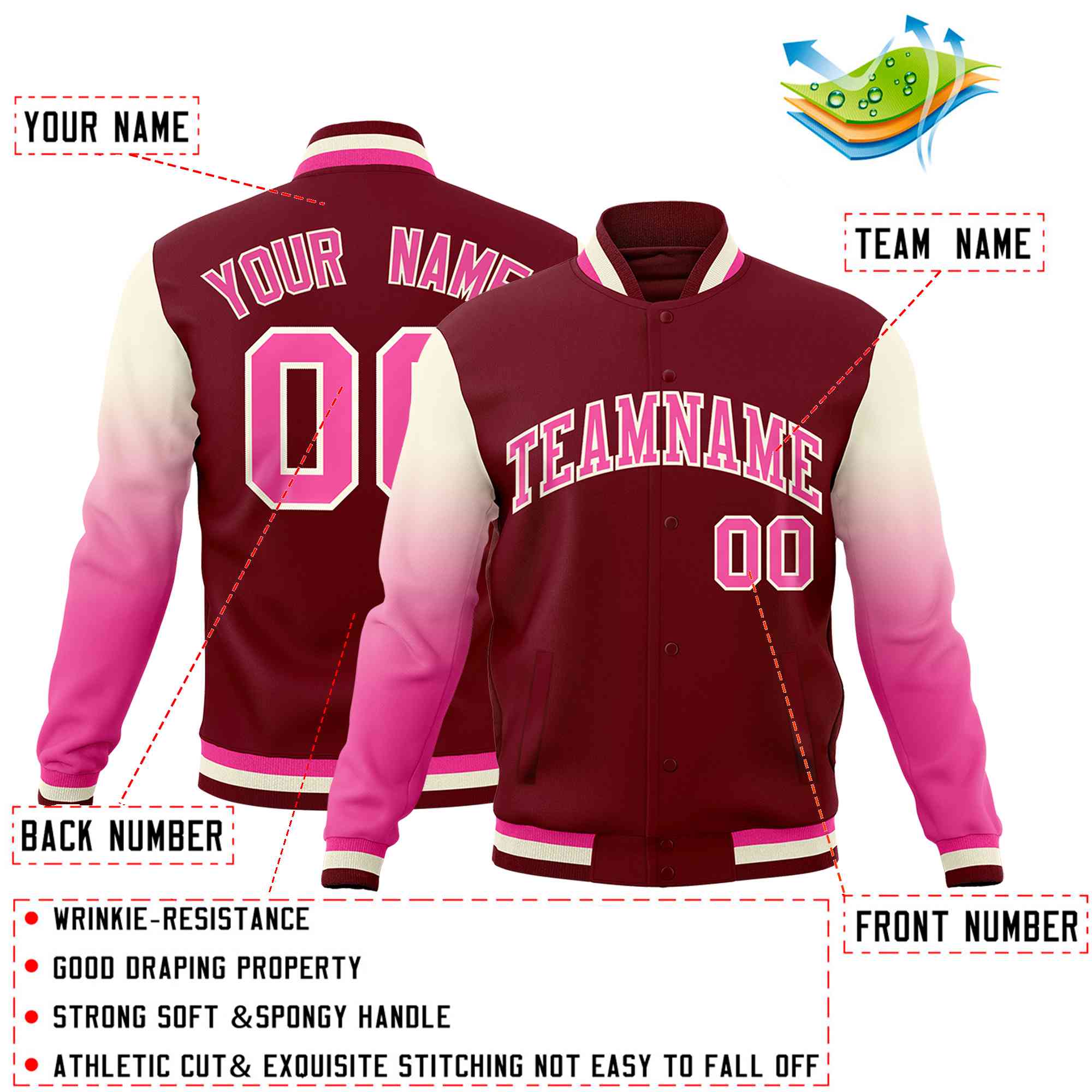 Custom Crimson Pink Cream Full-Snap Varsity Raglan Sleeves Gradient Letterman Jacket