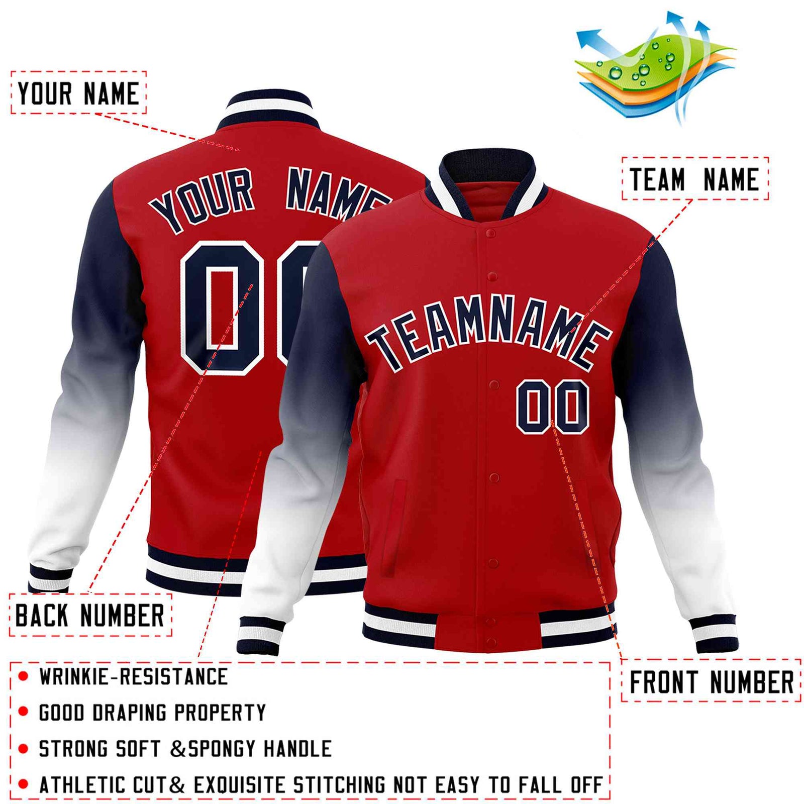 Custom Red Navy White Full-Snap Varsity Raglan Sleeves Gradient Letterman Jacket