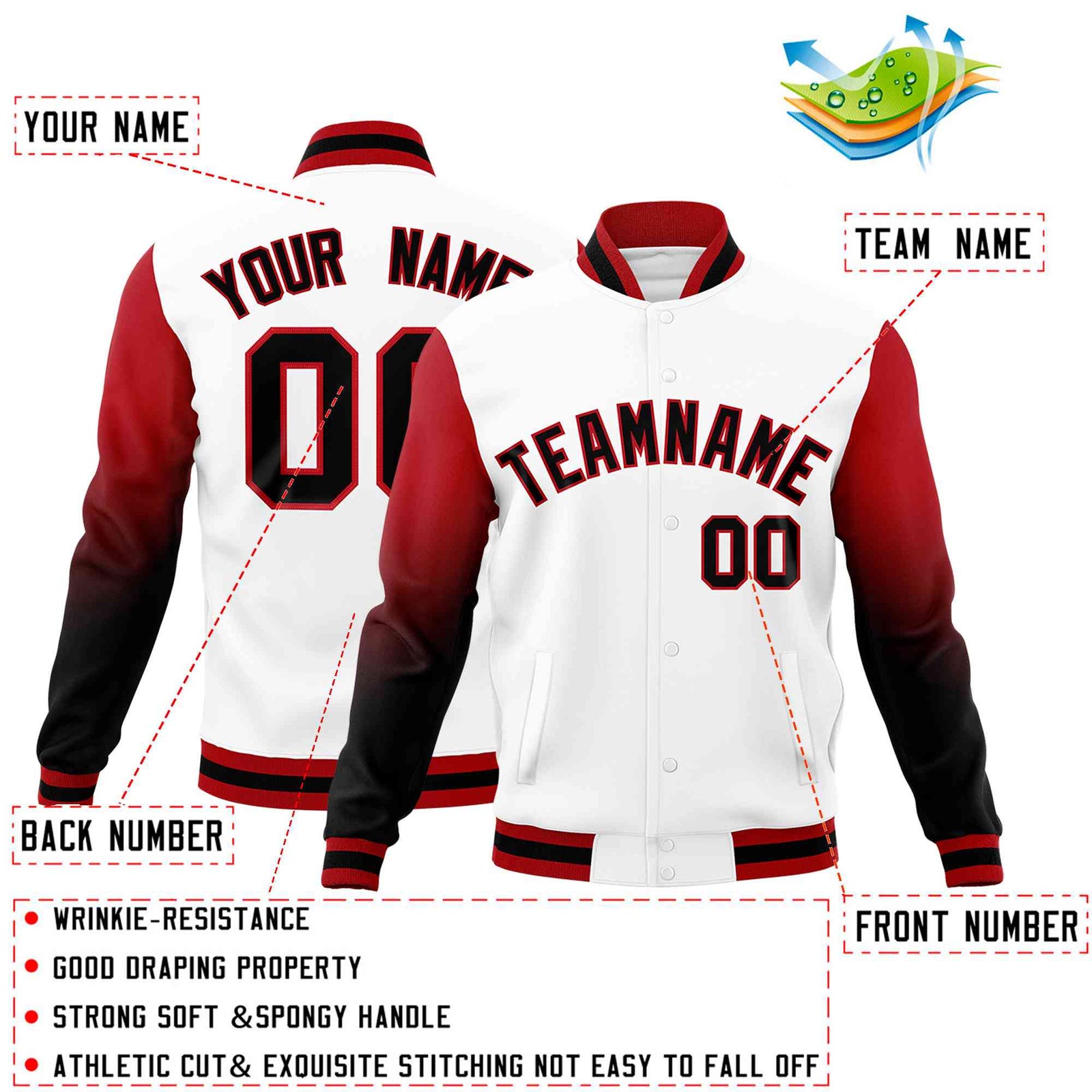 Custom White Black Red Full-Snap Varsity Raglan Sleeves Gradient Letterman Jacket