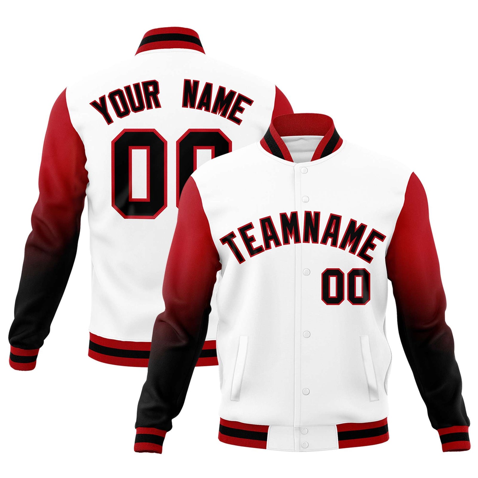 Custom White Black Red Full-Snap Varsity Raglan Sleeves Gradient Letterman Jacket