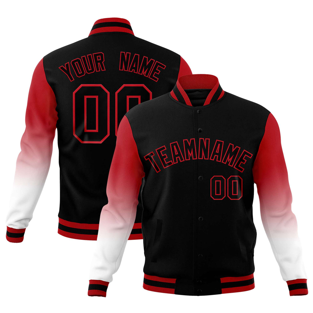 Custom Black White Red Full-Snap Varsity Raglan Sleeves Gradient Letterman Jacket