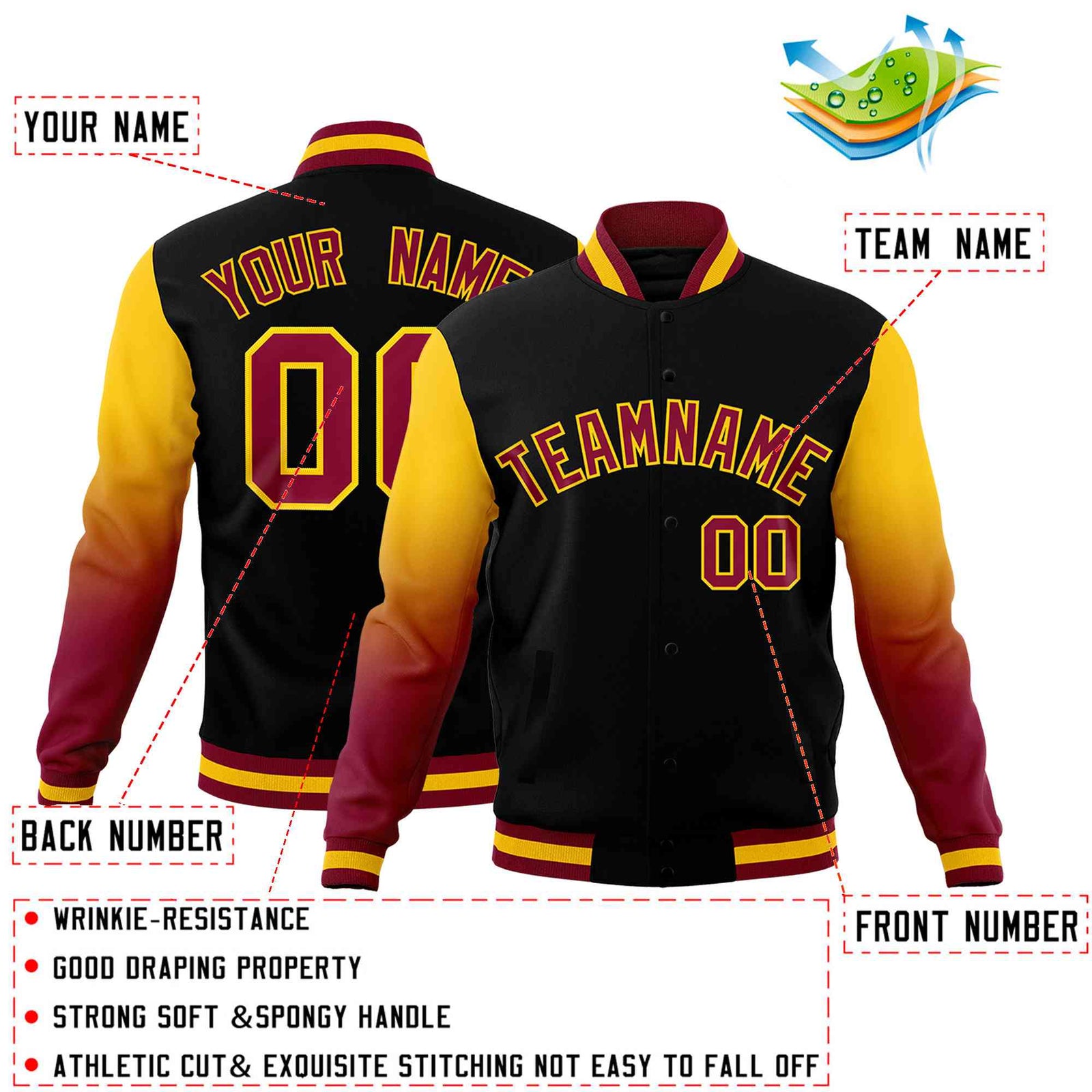 Custom Black Crimson Gold Full-Snap Varsity Raglan Sleeves Gradient Letterman Jacket