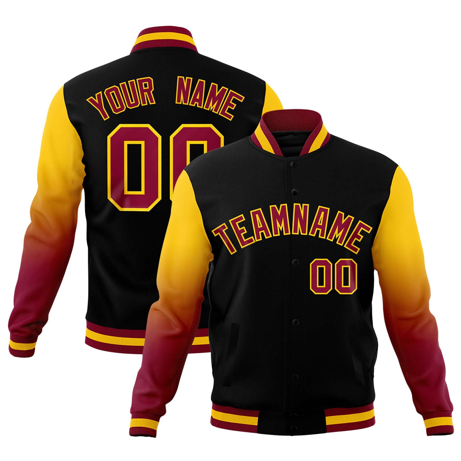 Custom Black Crimson Gold Full-Snap Varsity Raglan Sleeves Gradient Letterman Jacket