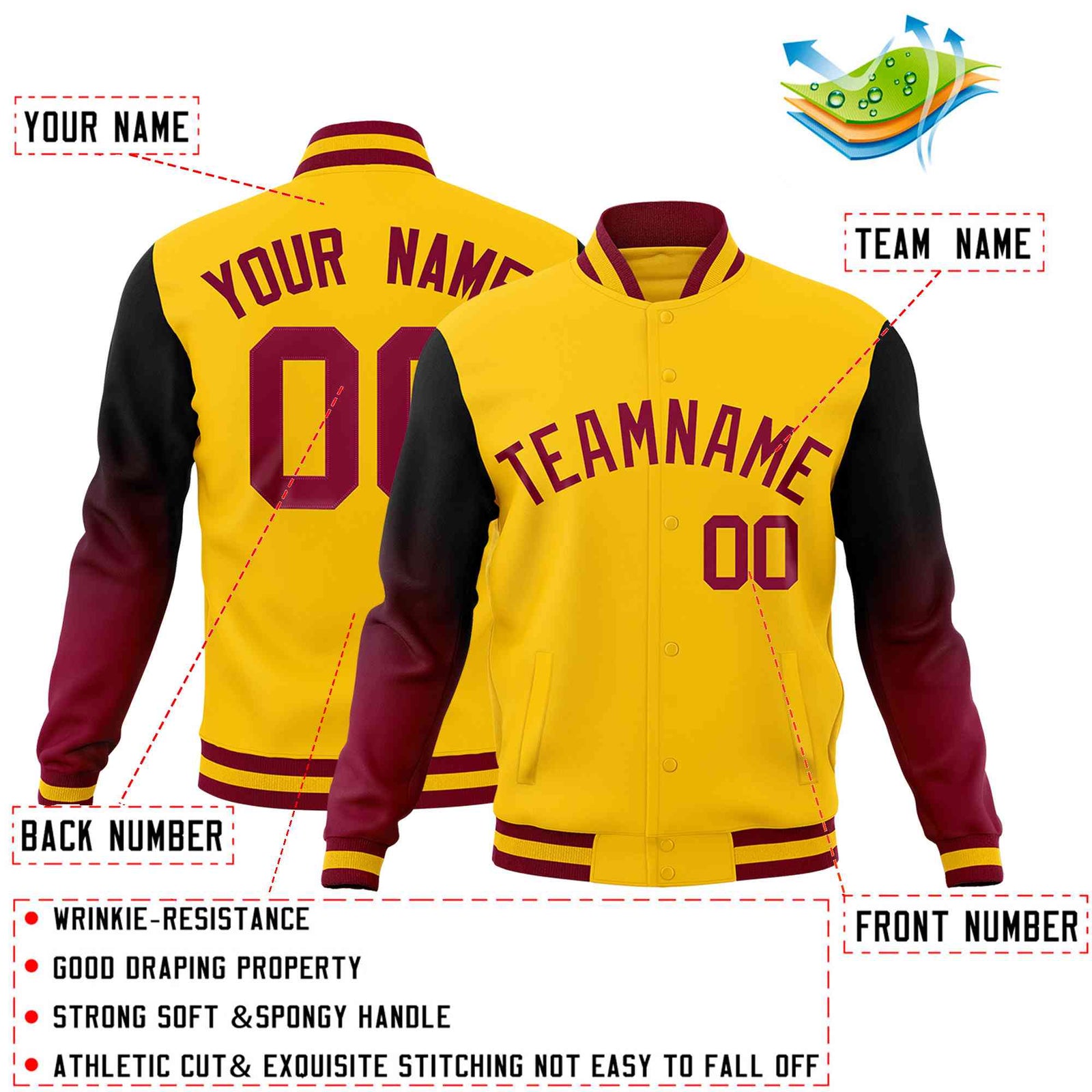 Custom Gold Black Crimson Full-Snap Varsity Raglan Sleeves Gradient Letterman Jacket