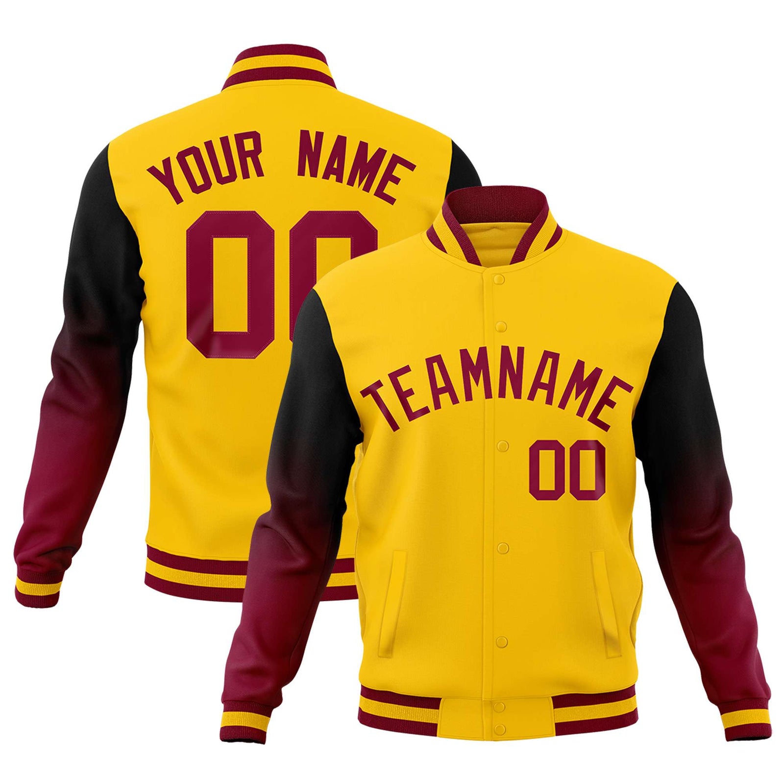 Custom Gold Black Crimson Full-Snap Varsity Raglan Sleeves Gradient Letterman Jacket