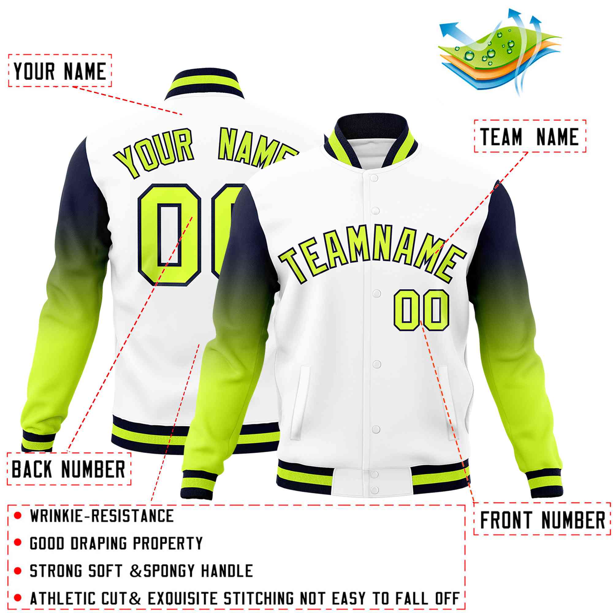 Custom White Neon Green Navy Full-Snap Varsity Raglan Sleeves Gradient Letterman Jacket