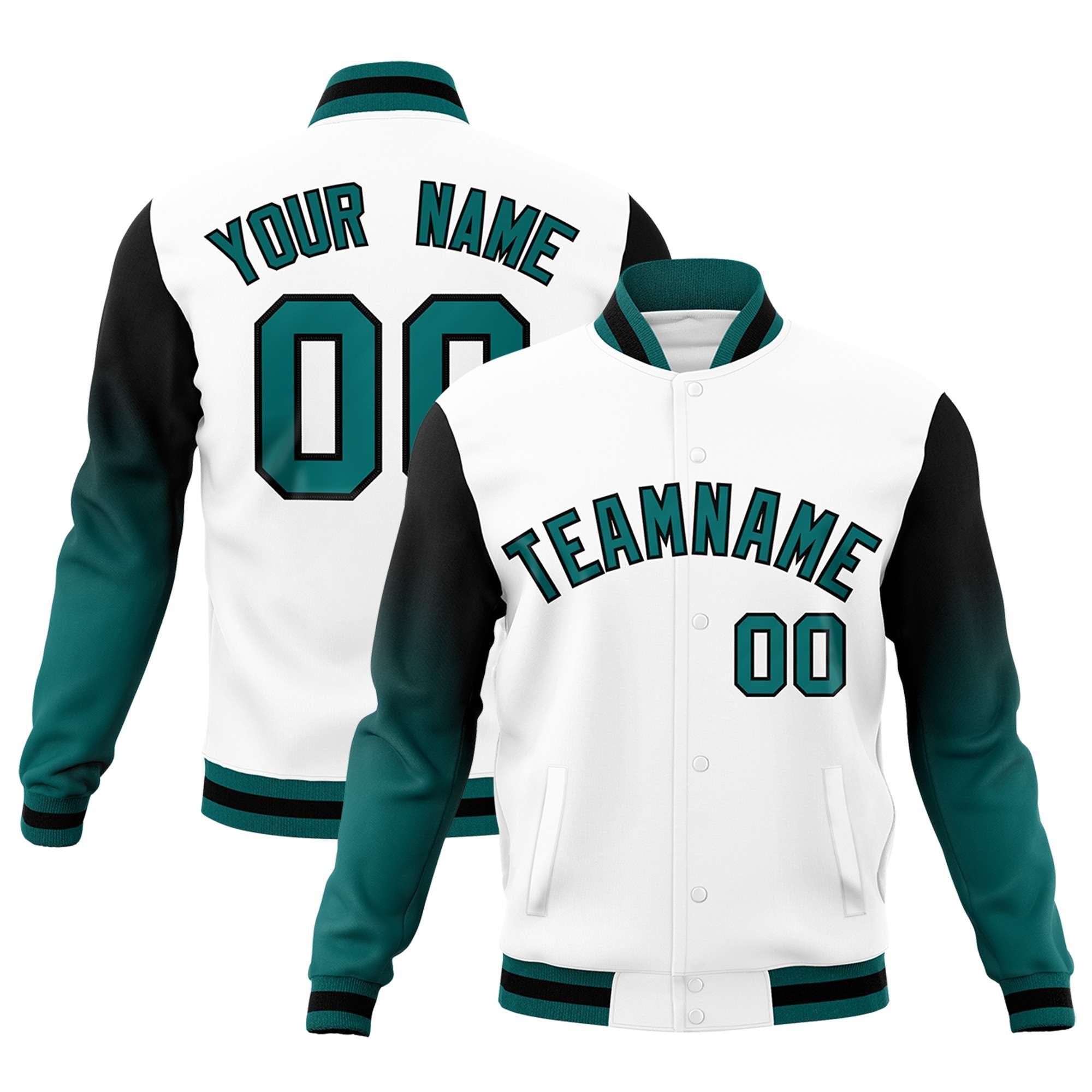 Custom White Teal Black Full-Snap Varsity Raglan Sleeves Gradient Letterman Jacket