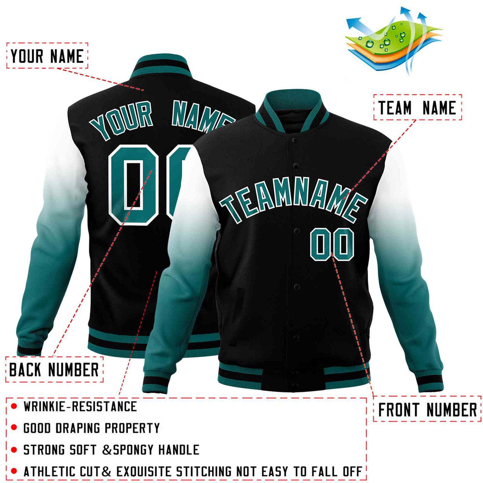 Custom Black Teal White Full-Snap Varsity Raglan Sleeves Gradient Letterman Jacket
