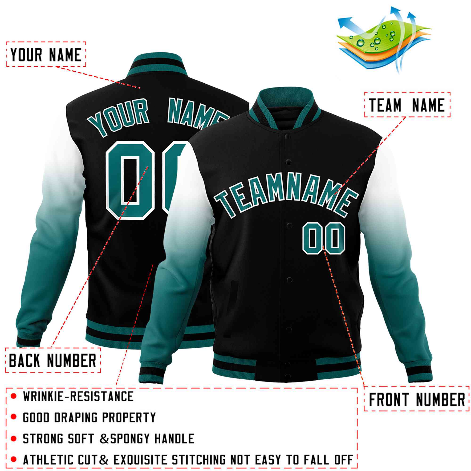Custom Black Teal White Full-Snap Varsity Raglan Sleeves Gradient Letterman Jacket