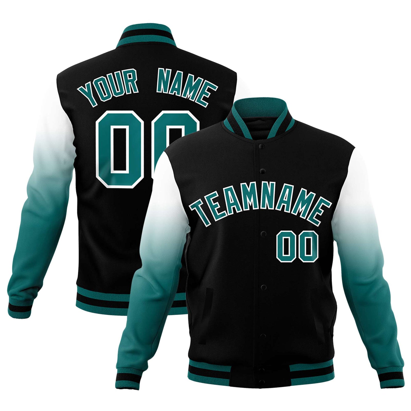 Custom Black Teal White Full-Snap Varsity Raglan Sleeves Gradient Letterman Jacket