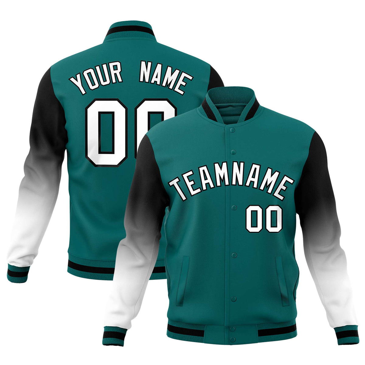 Custom Teal White Black Full-Snap Varsity Raglan Sleeves Gradient Letterman Jacket