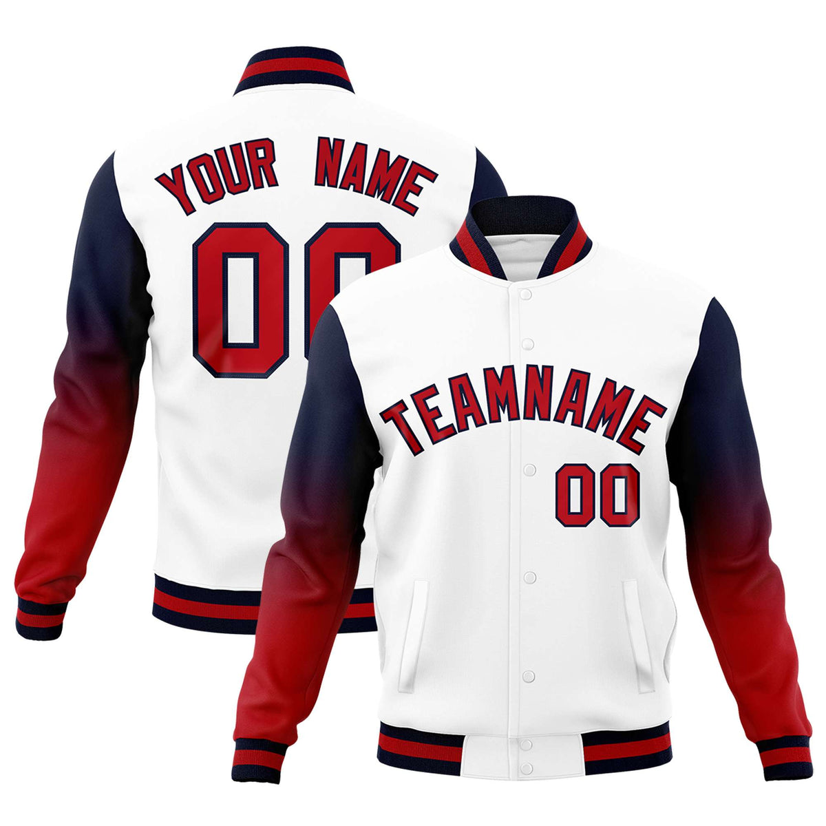Custom White Red Black Full-Snap Varsity Raglan Sleeves Gradient Letterman Jacket