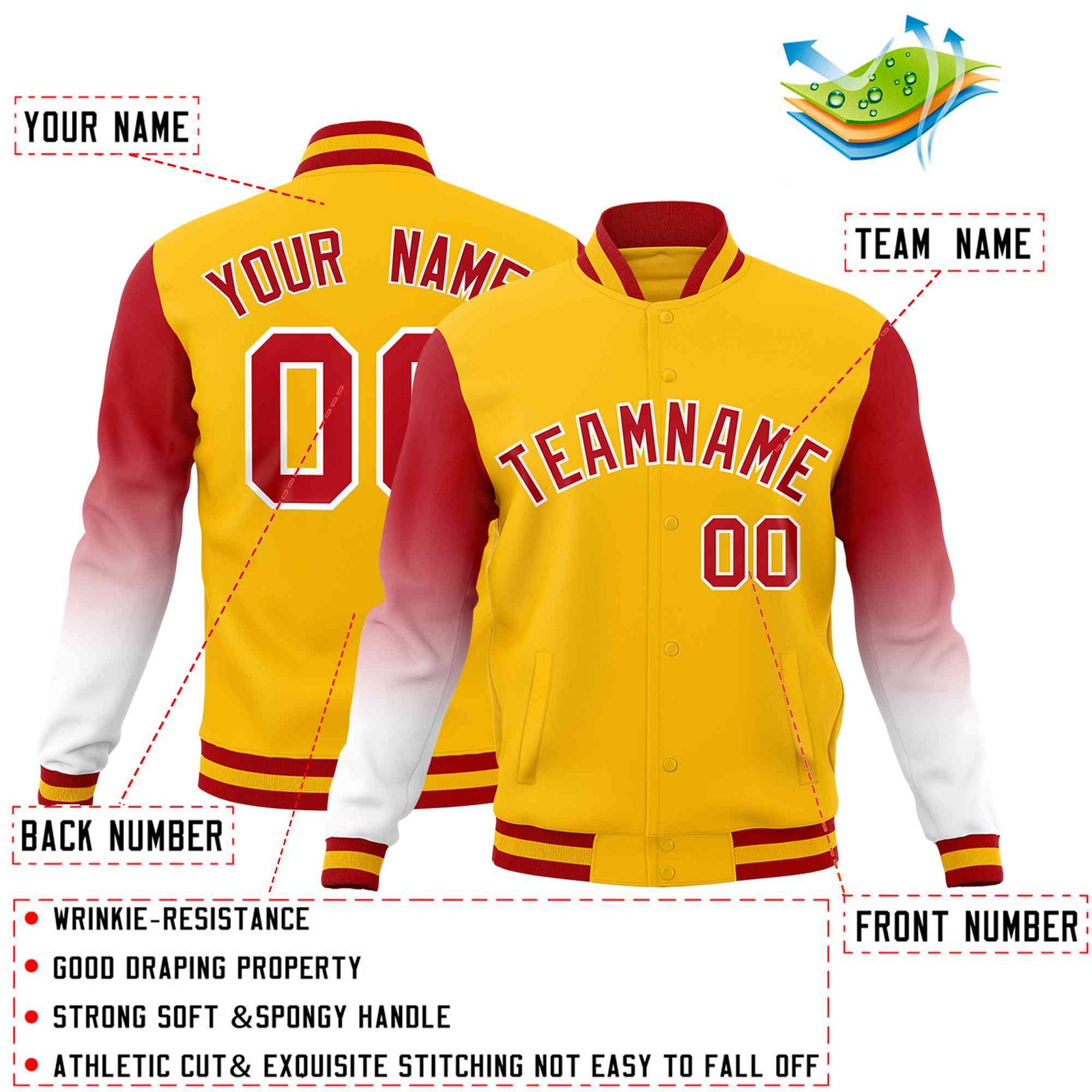 Custom Gold Red White Full-Snap Varsity Raglan Sleeves Gradient Letterman Jacket