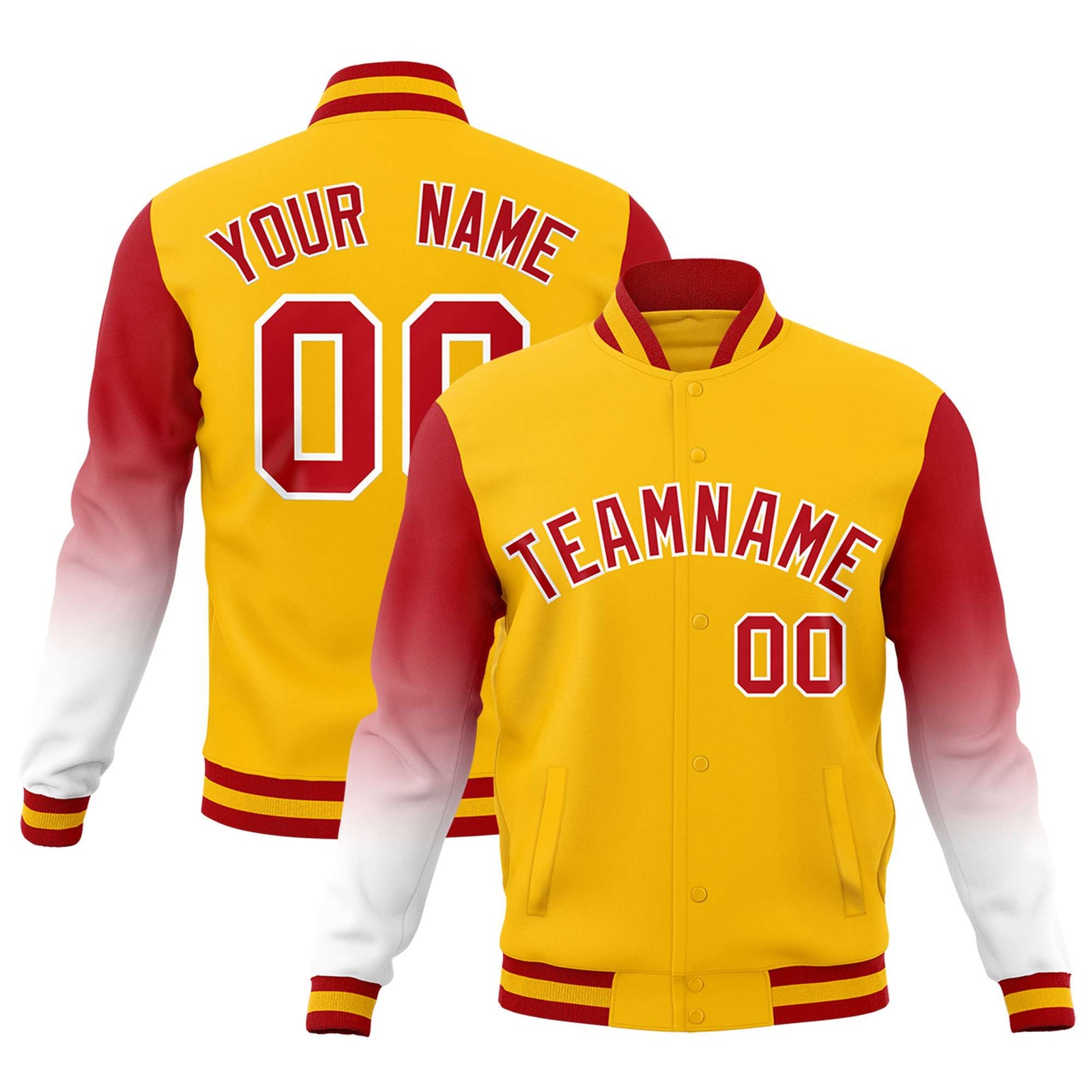 Custom Gold Red White Full-Snap Varsity Raglan Sleeves Gradient Letterman Jacket