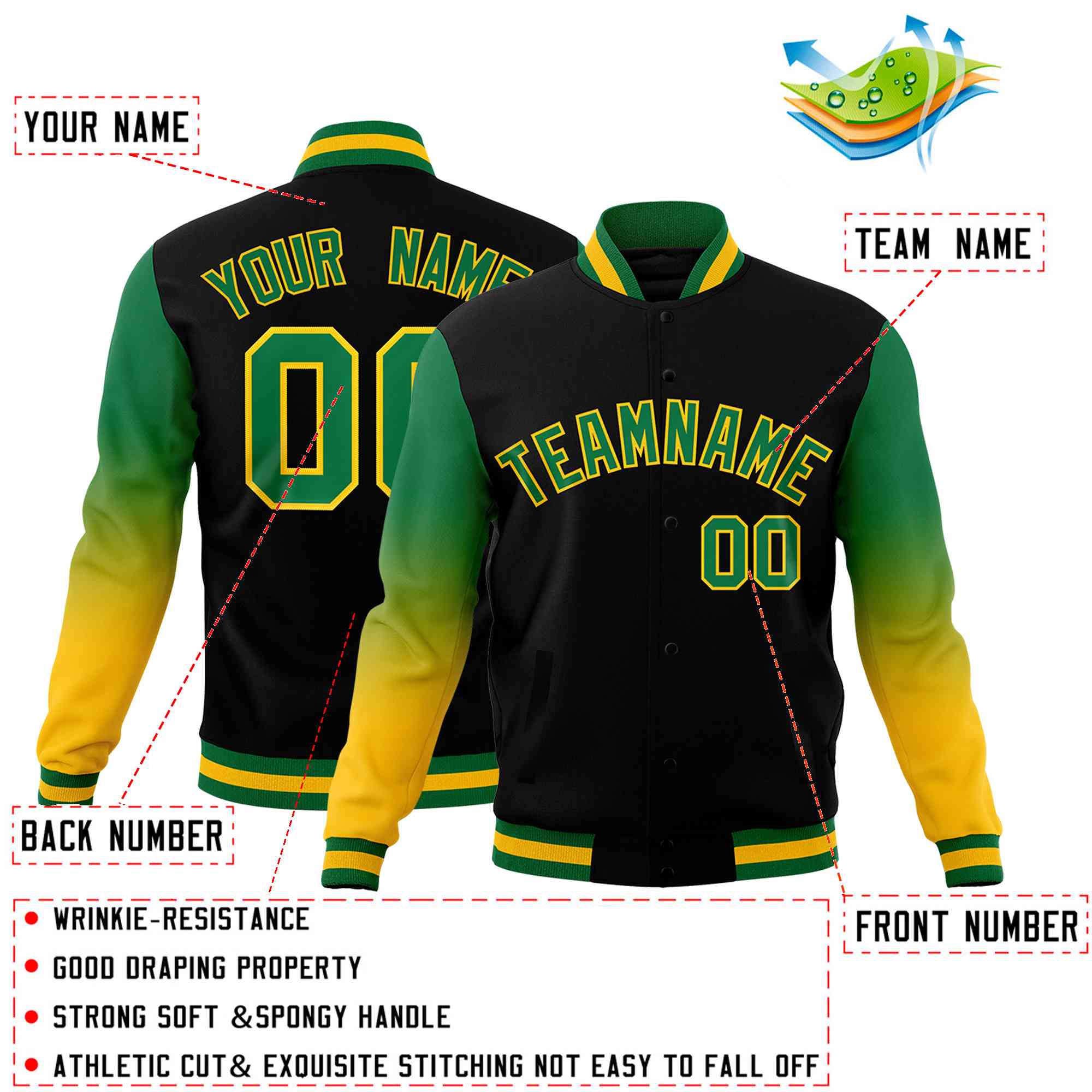 Custom Black Kelly Green Gold Full-Snap Varsity Raglan Sleeves Gradient Letterman Jacket