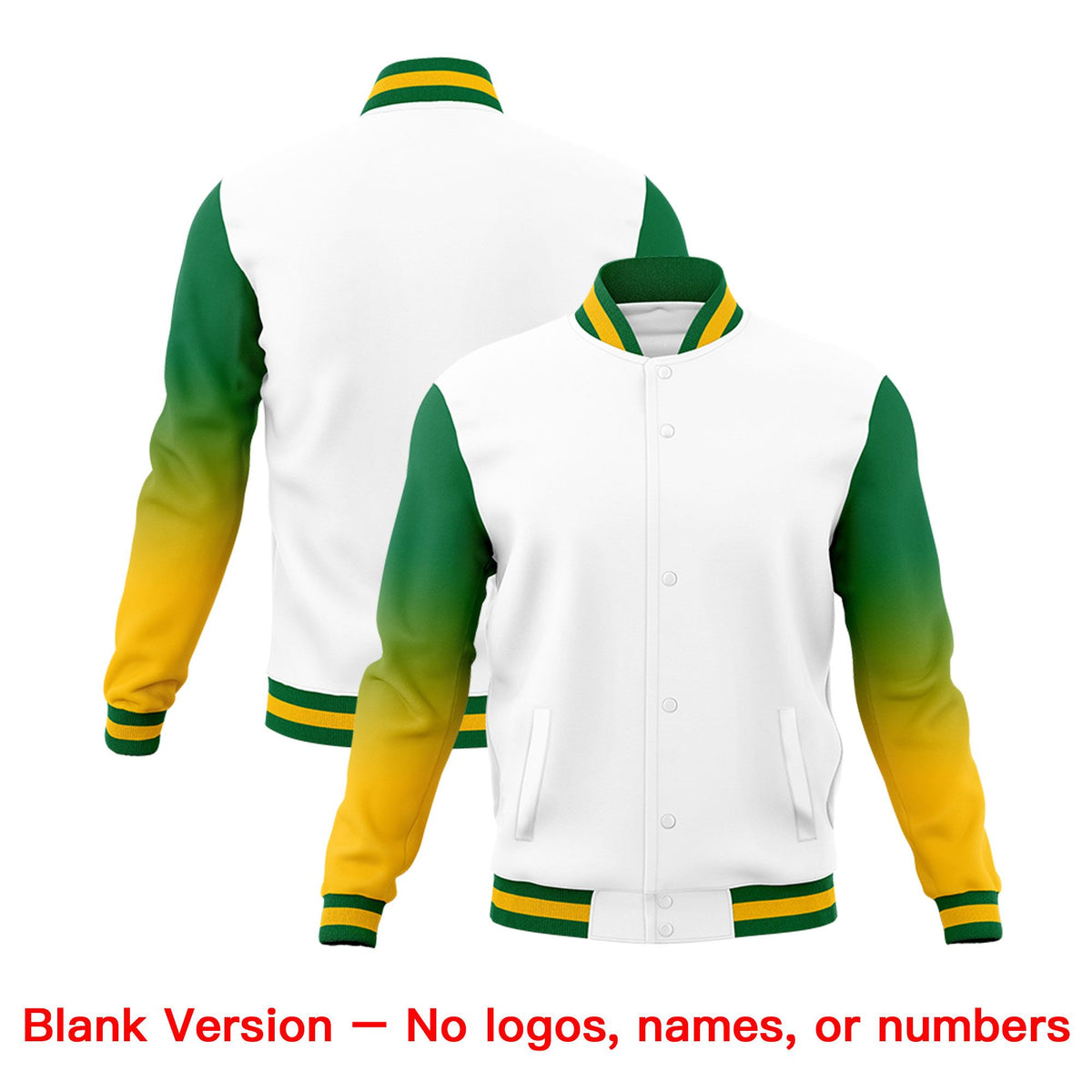 Custom White Kelly Green Gold Full-Snap Varsity Raglan Sleeves Gradient Letterman Jacket
