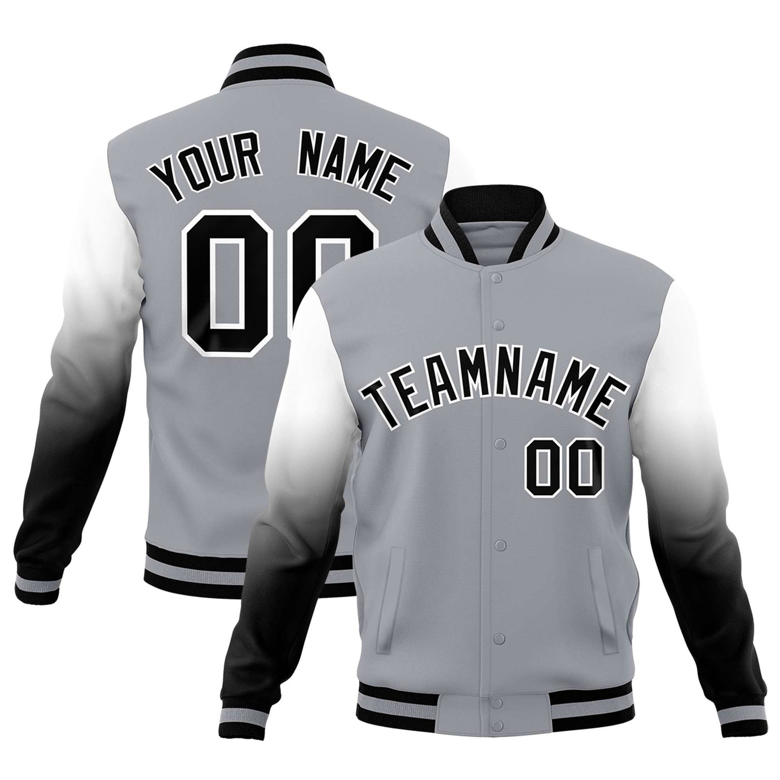 Custom Gray Black White Full-Snap Varsity Raglan Sleeves Gradient Letterman Jacket