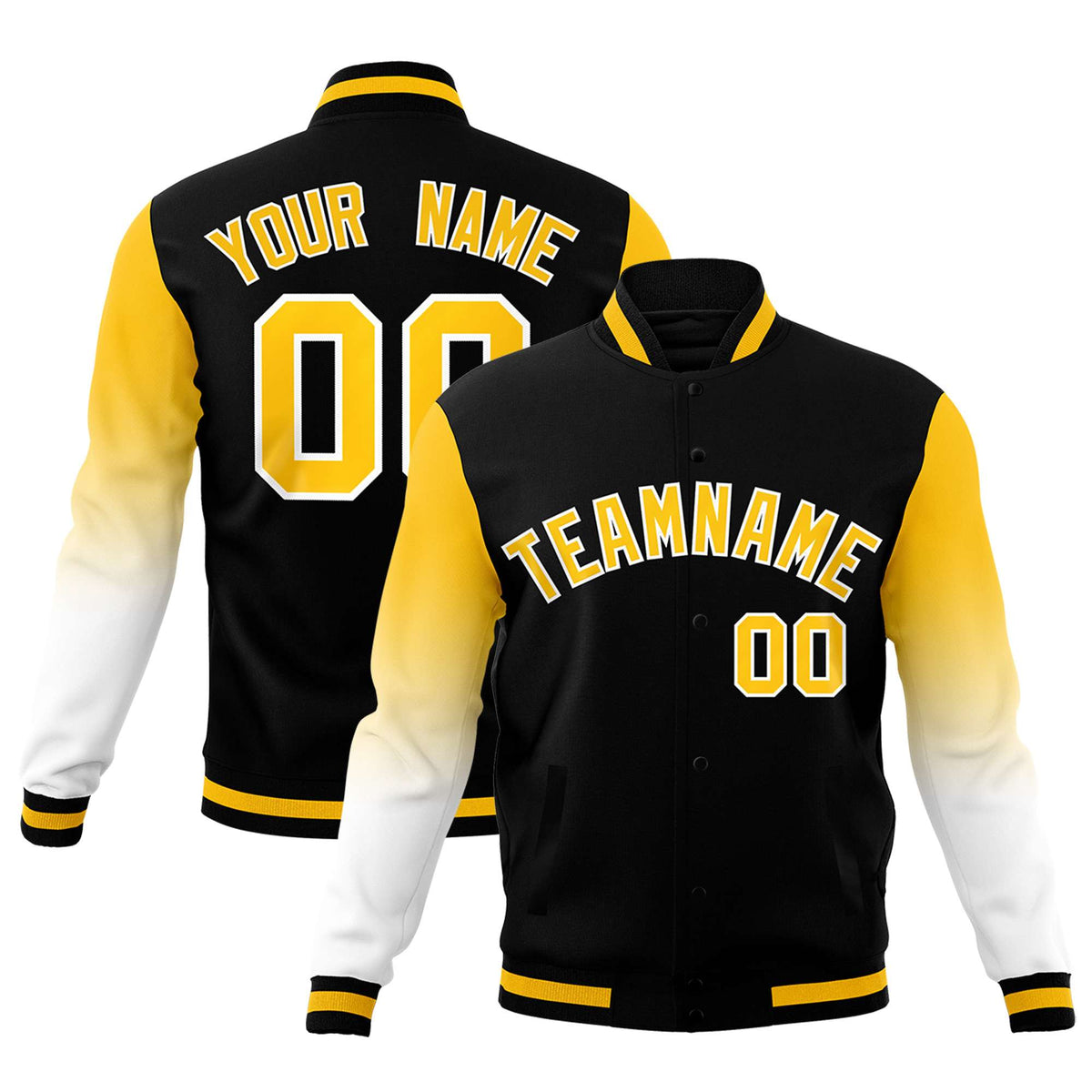 Custom Black Gold White Full-Snap Varsity Raglan Sleeves Gradient Letterman Jacket