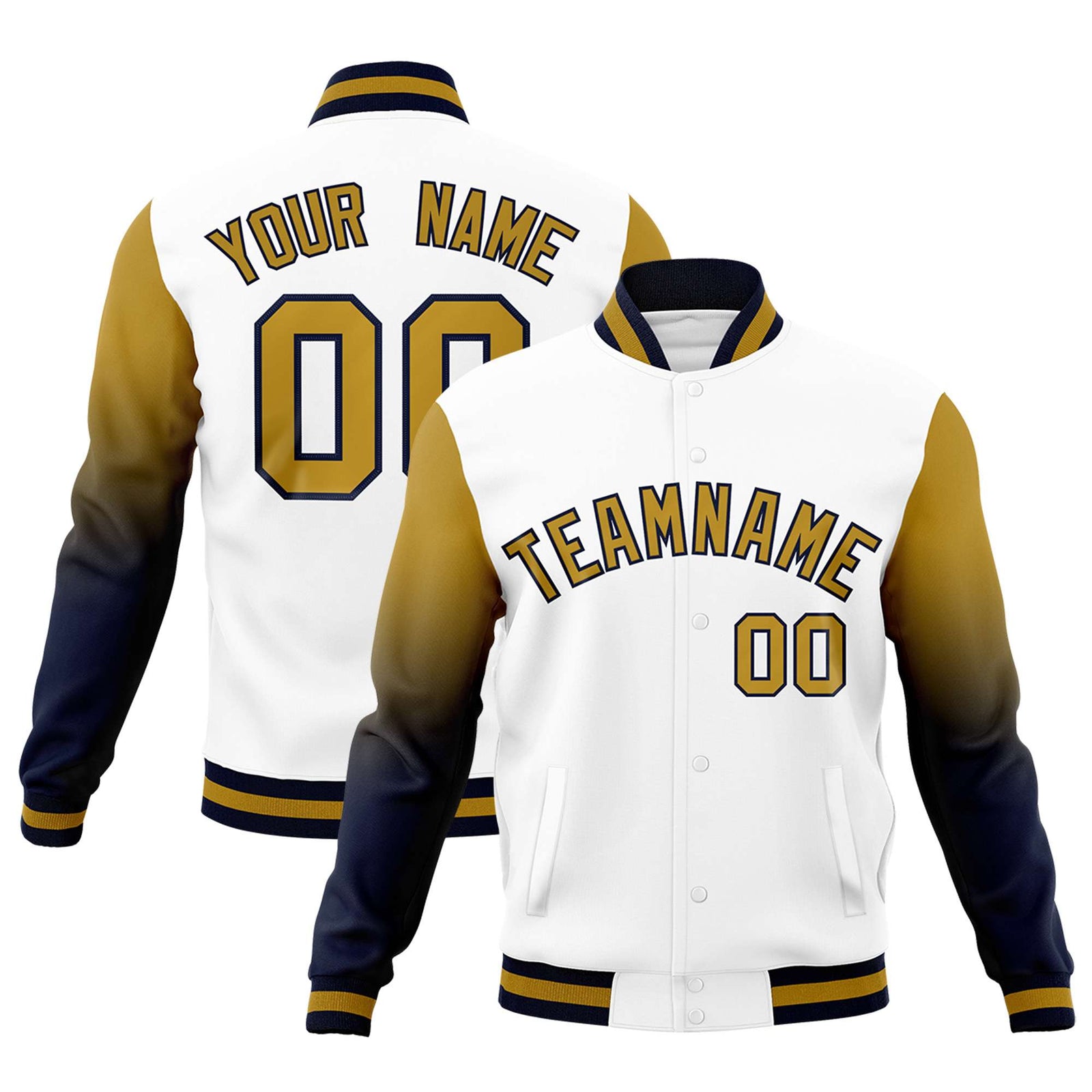 Custom White Old Gold Navy Full-Snap Varsity Raglan Sleeves Gradient Letterman Jacket
