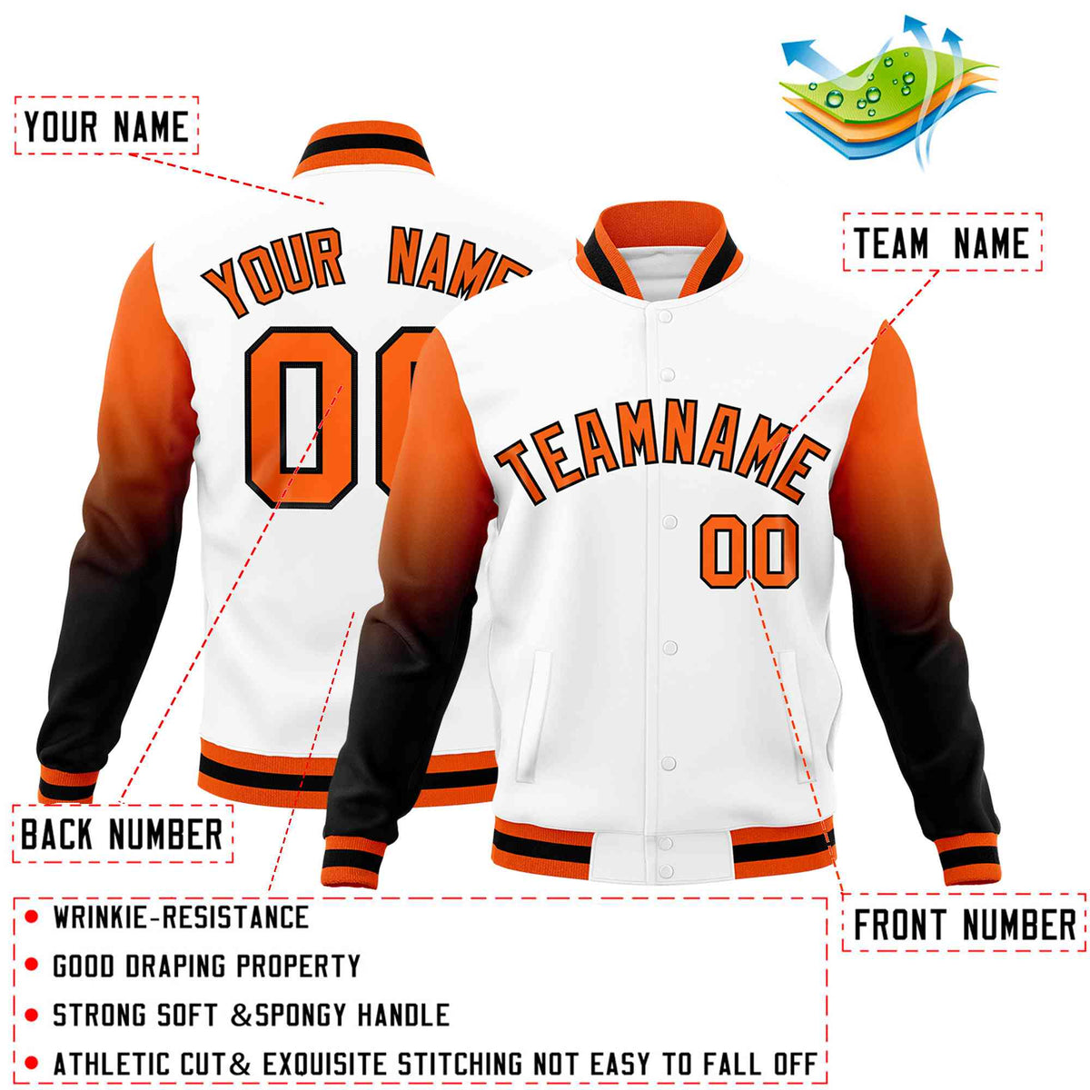 Custom White Orange Black Full-Snap Varsity Raglan Sleeves Gradient Letterman Jacket