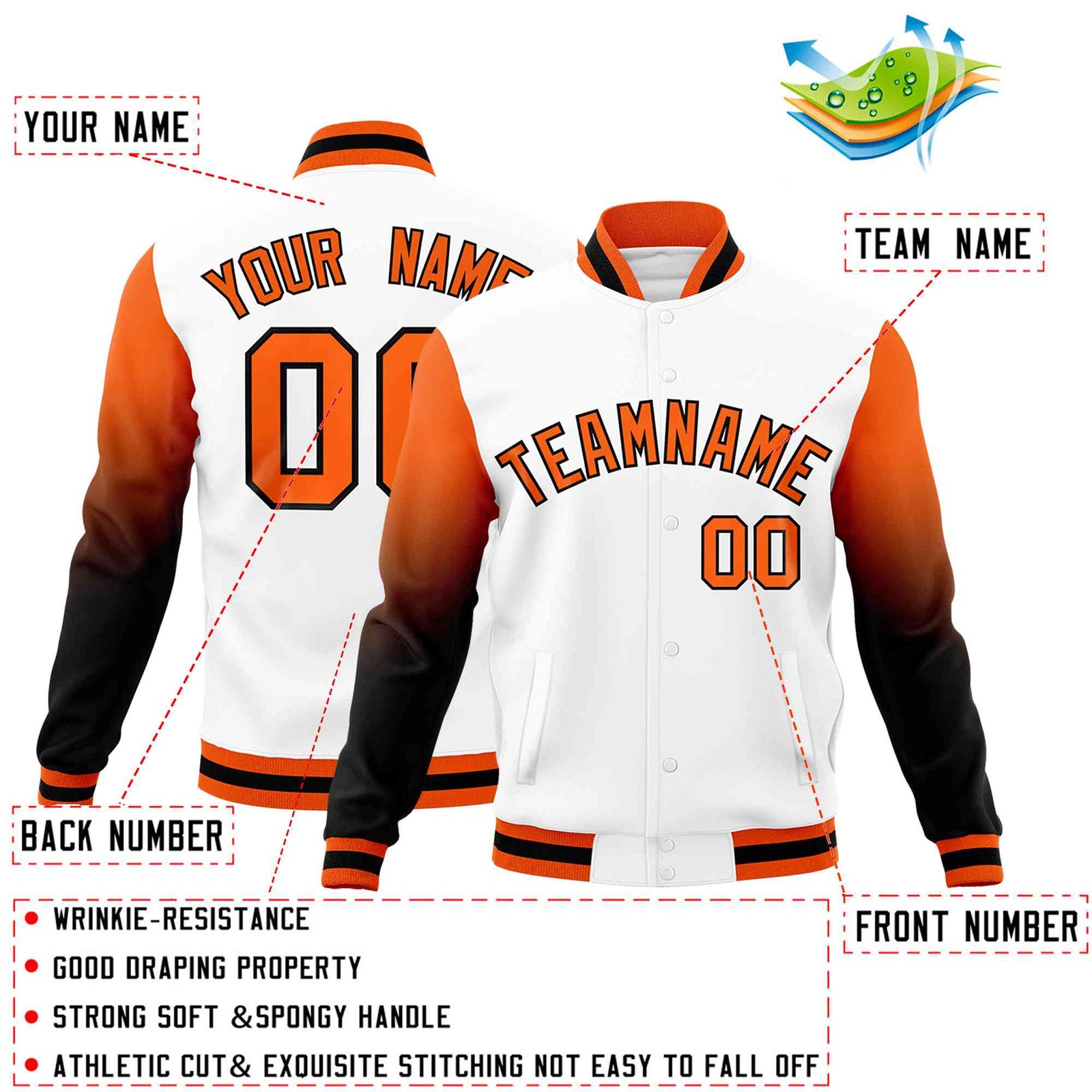 Custom White Orange Black Full-Snap Varsity Raglan Sleeves Gradient Letterman Jacket