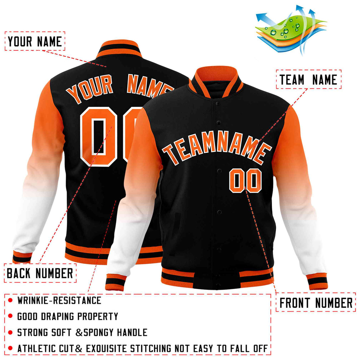 Custom Black Orange White Full-Snap Varsity Raglan Sleeves Gradient Letterman Jacket