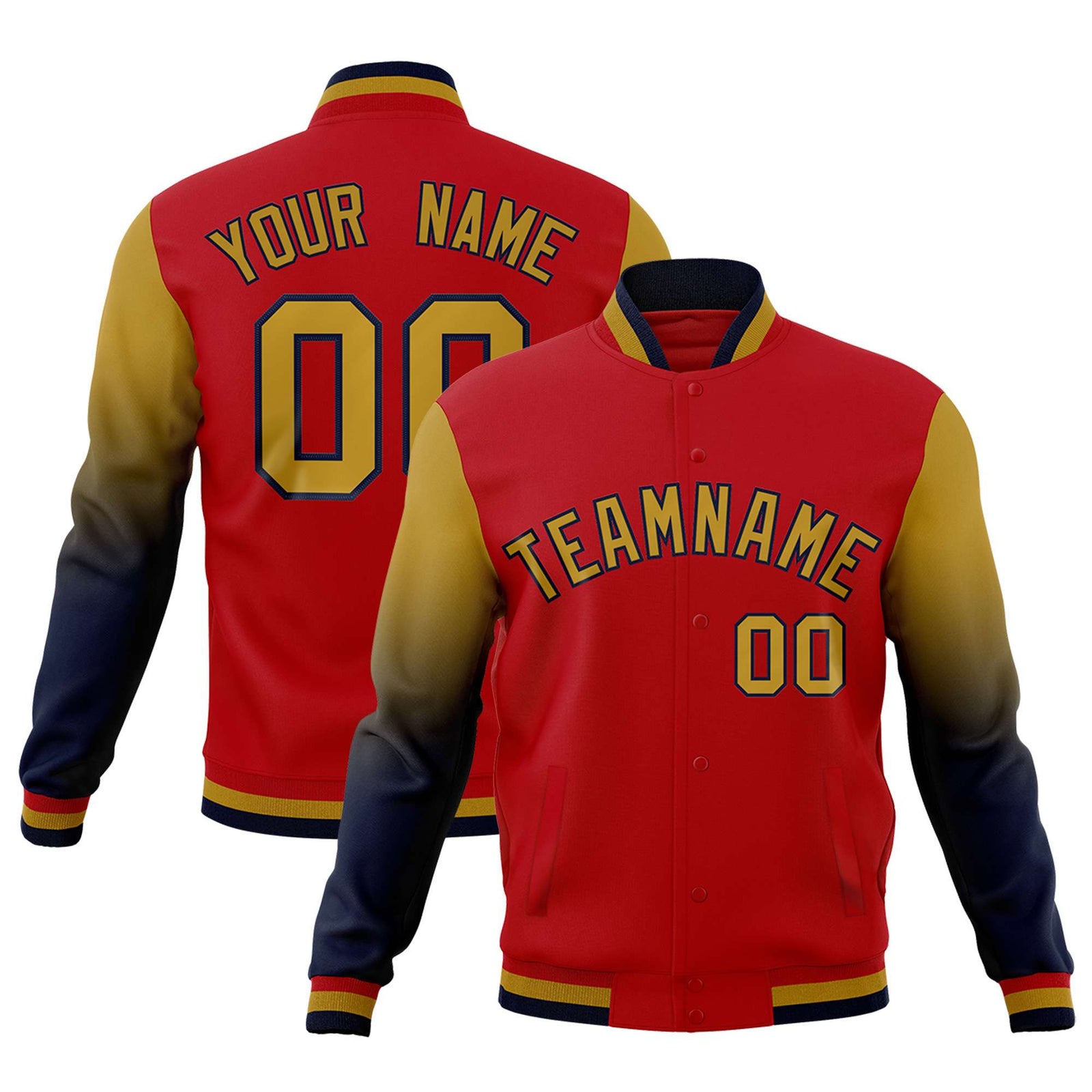 Custom Red Old Gold Navy Full-Snap Varsity Raglan Sleeves Gradient Letterman Jacket