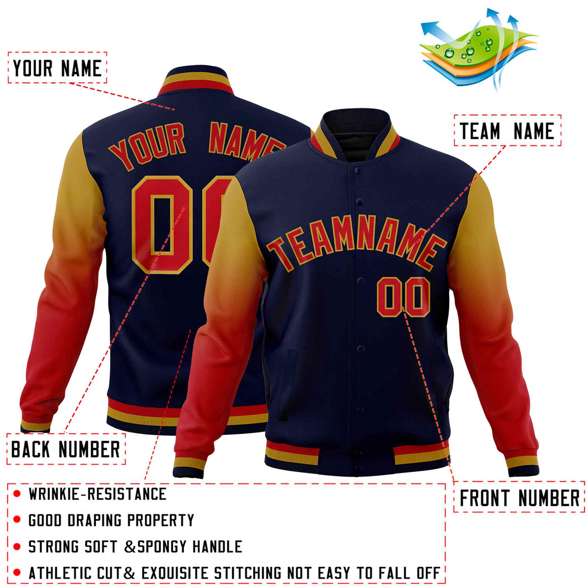Custom Navy Red Old Gold Full-Snap Varsity Raglan Sleeves Gradient Letterman Jacket