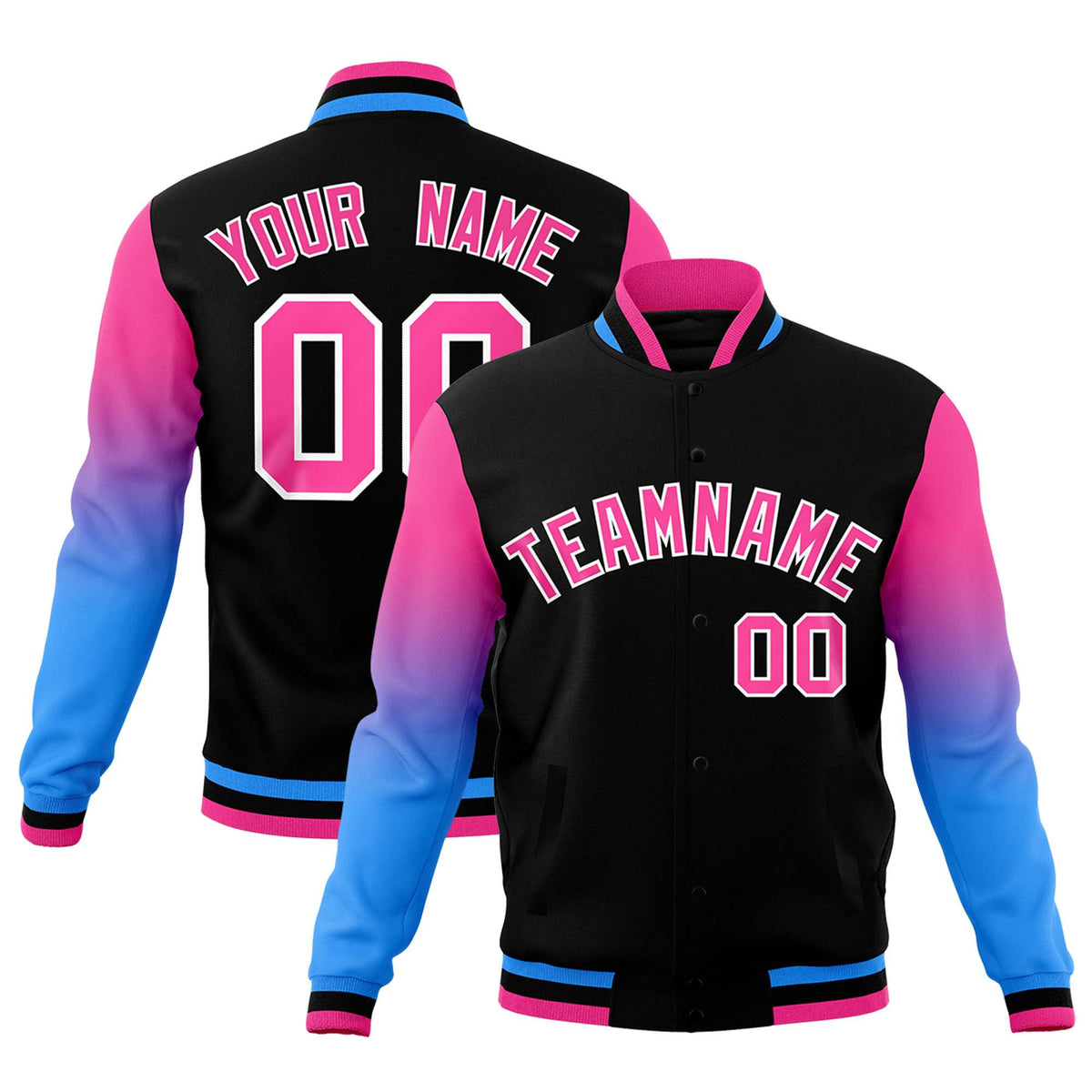 Custom Black Pink White Full-Snap Varsity Raglan Sleeves Gradient Letterman Jacket