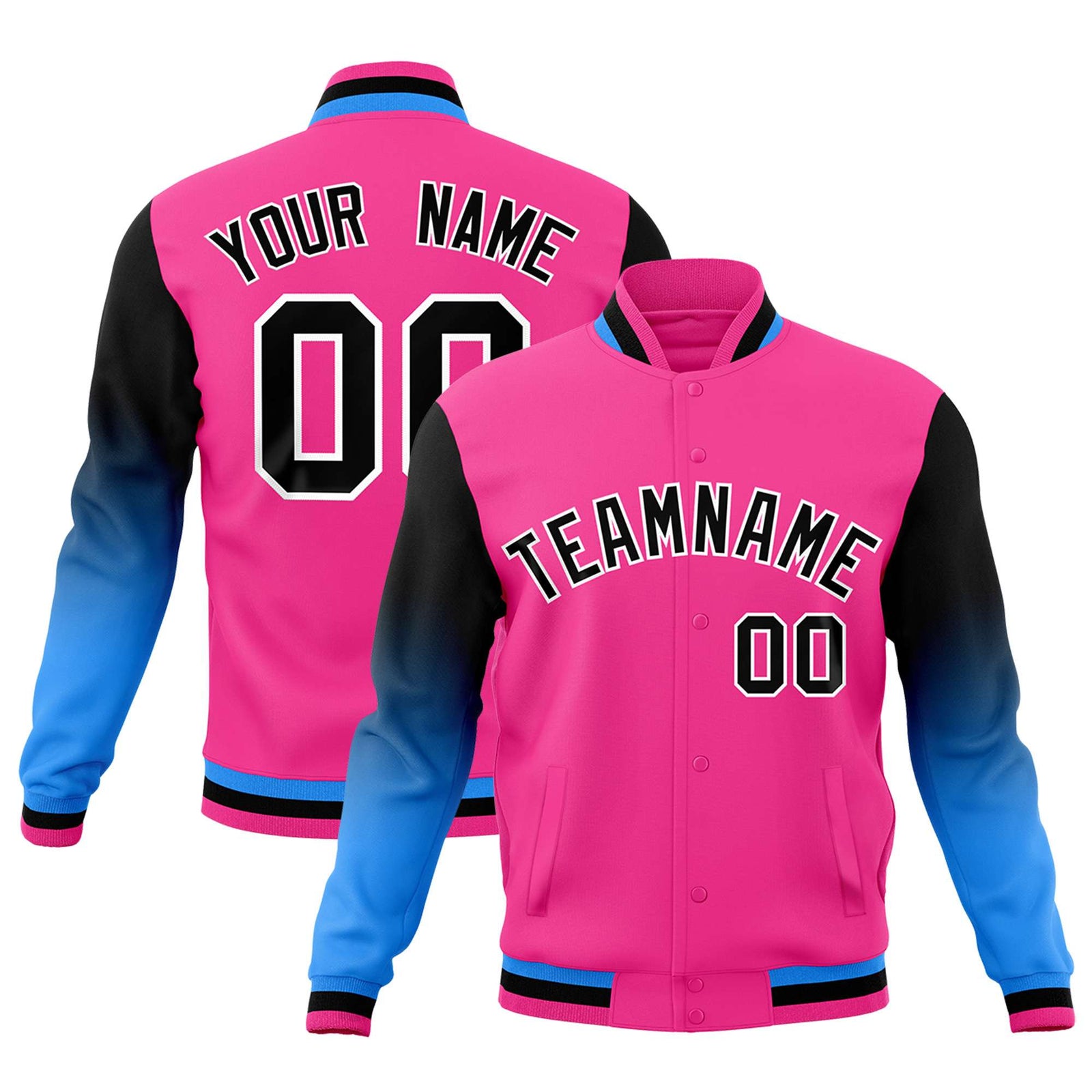 Custom Pink Black White Full-Snap Varsity Raglan Sleeves Gradient Letterman Jacket
